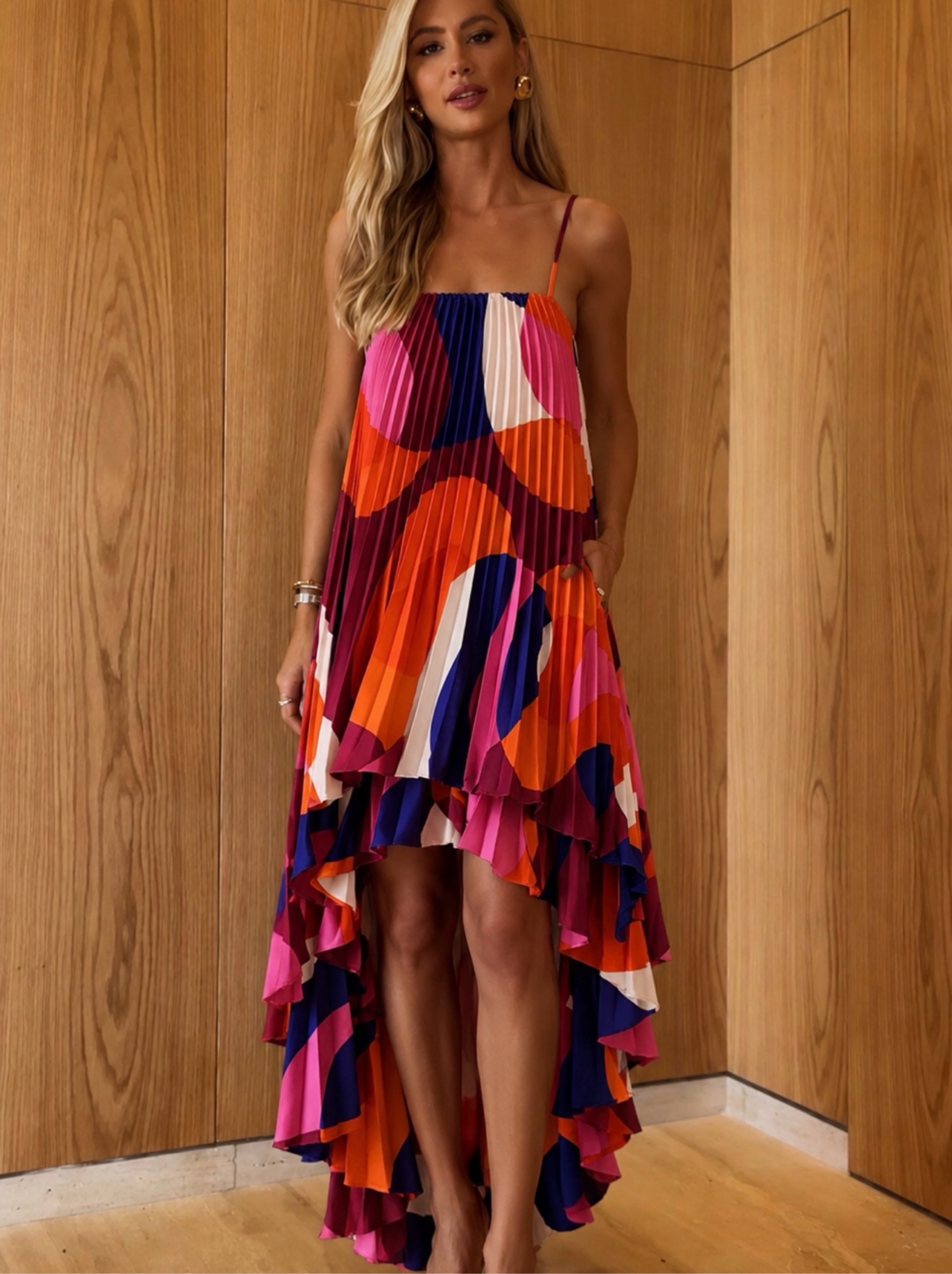 Anthropologie Hutch Multicolor Patterned High Low Flowey Dress Pleated Silk XS