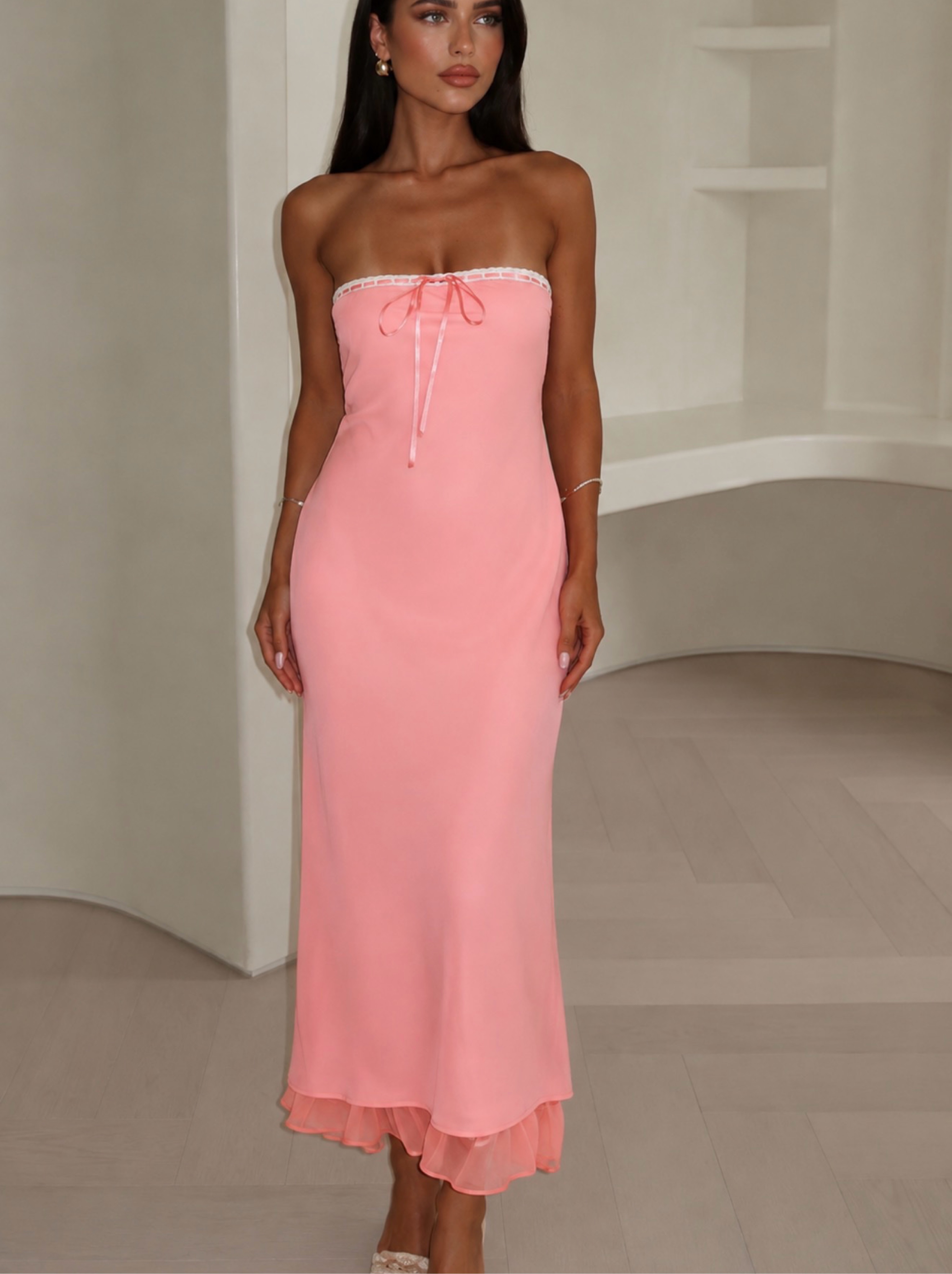 For Love And Lemons Strapless Pink Dress Ribbon Lace Bow Ruffle