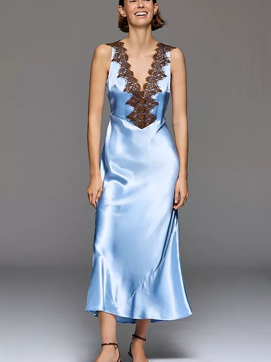 anthropologie blue lace dress V Neck Midi Slip Satin by Anthropologie Backless Short Slip Dress Lavetir Model Size:40 Long By Anthropologie 100% Polyester