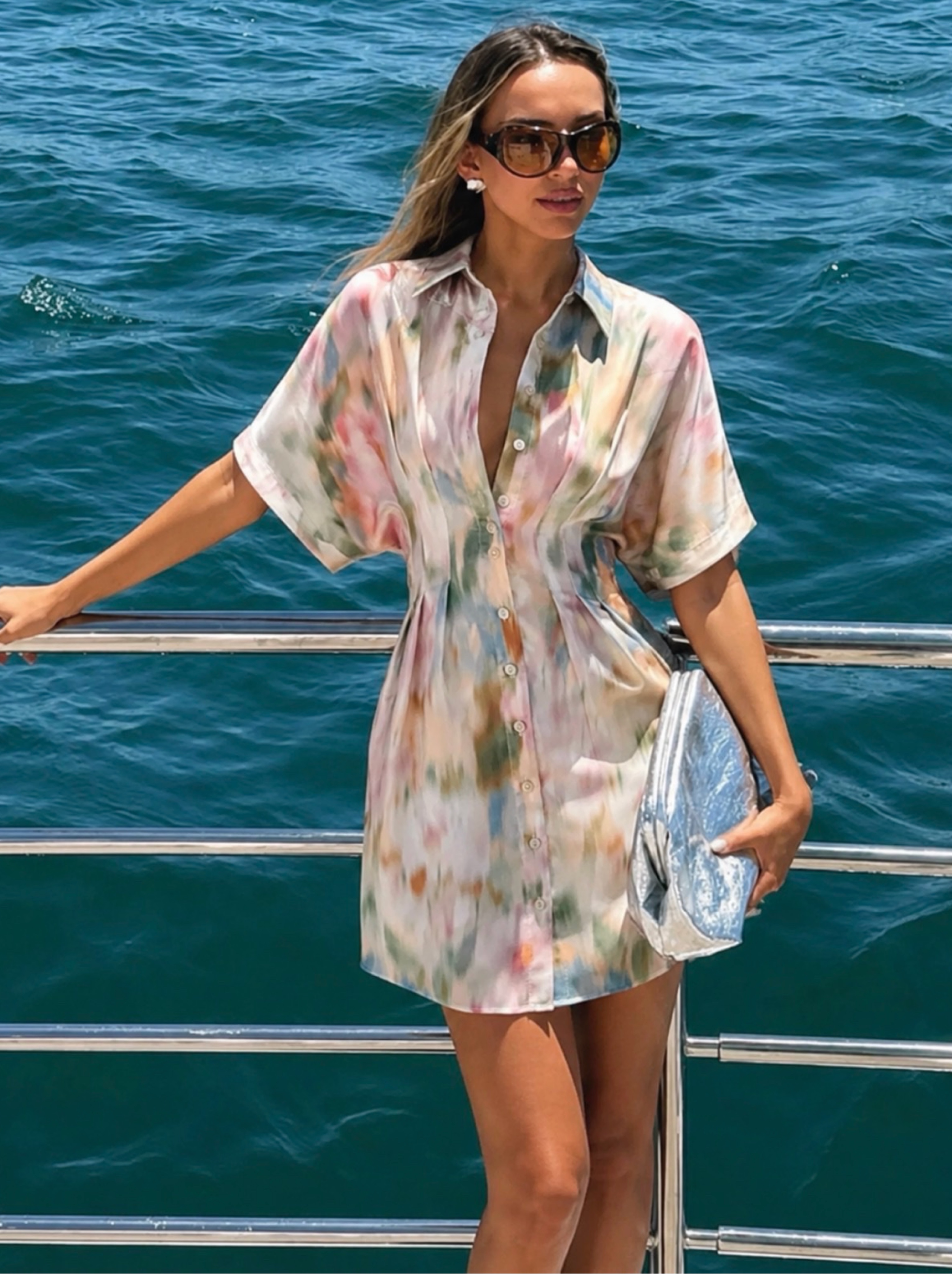 Exquise Watercolor Pastel Silk Button-Up Shirt Dress