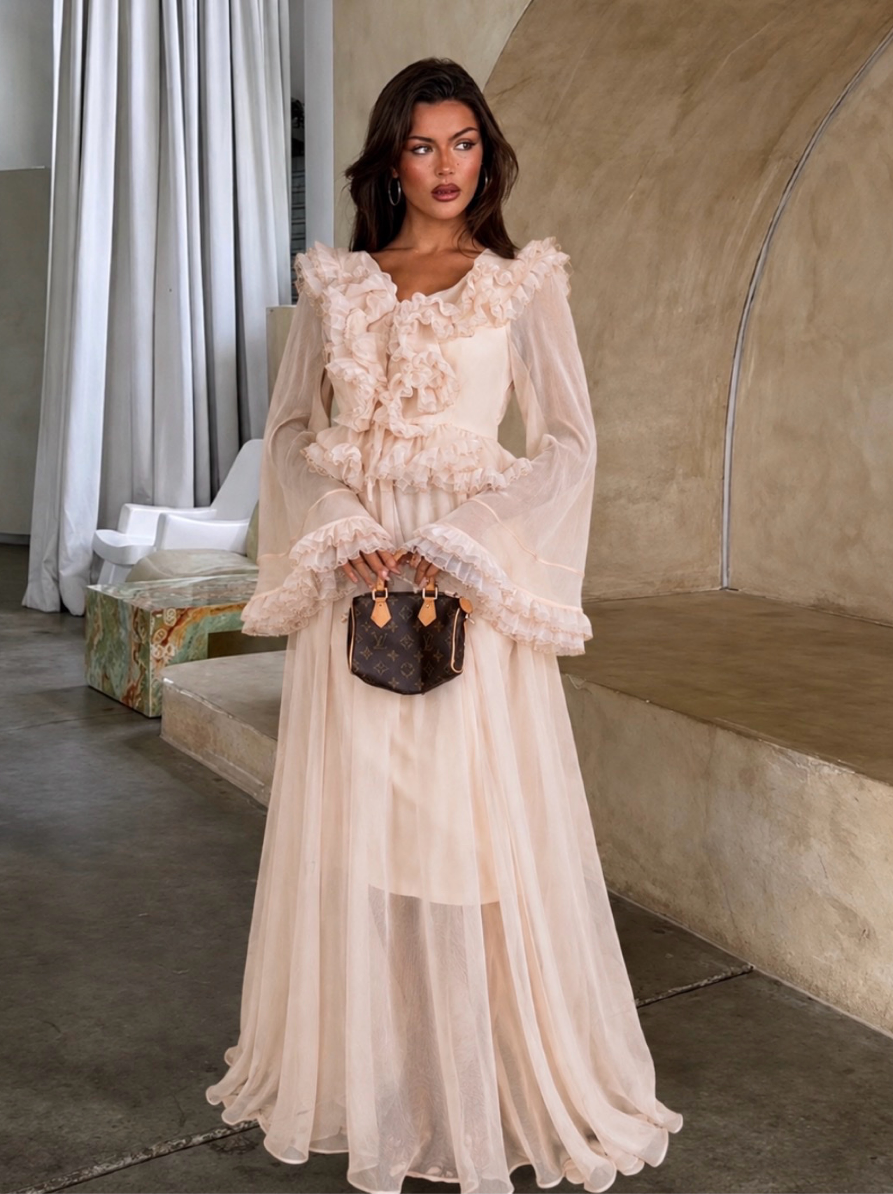 cream chiffon dress CeliaB Ruffle Long by CeliaB Color:rose-gold Long Summer Leaf Boho Blue Salwar Suit Boho This is a dress