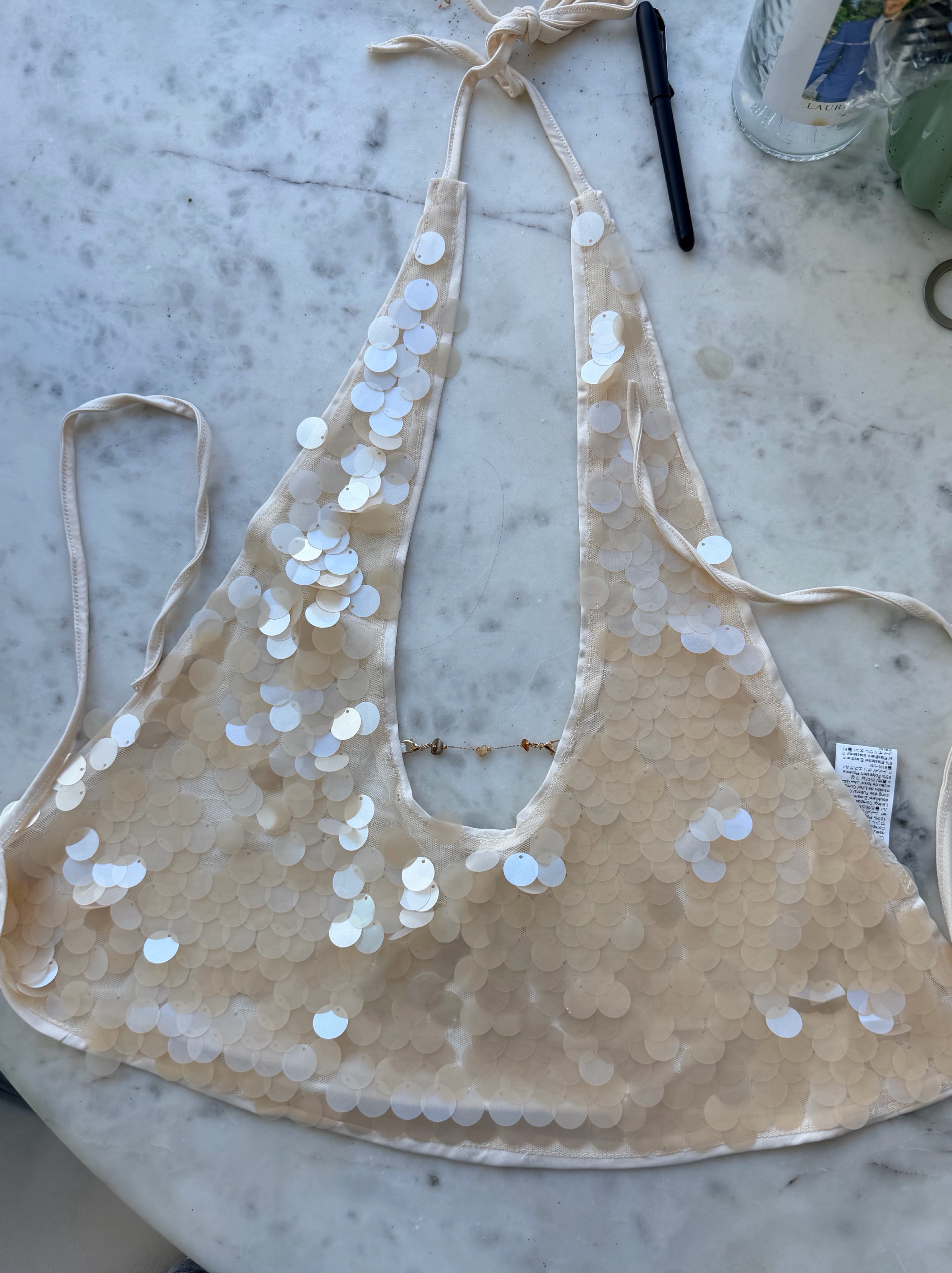 Cream Sequin Embellished Halter Top