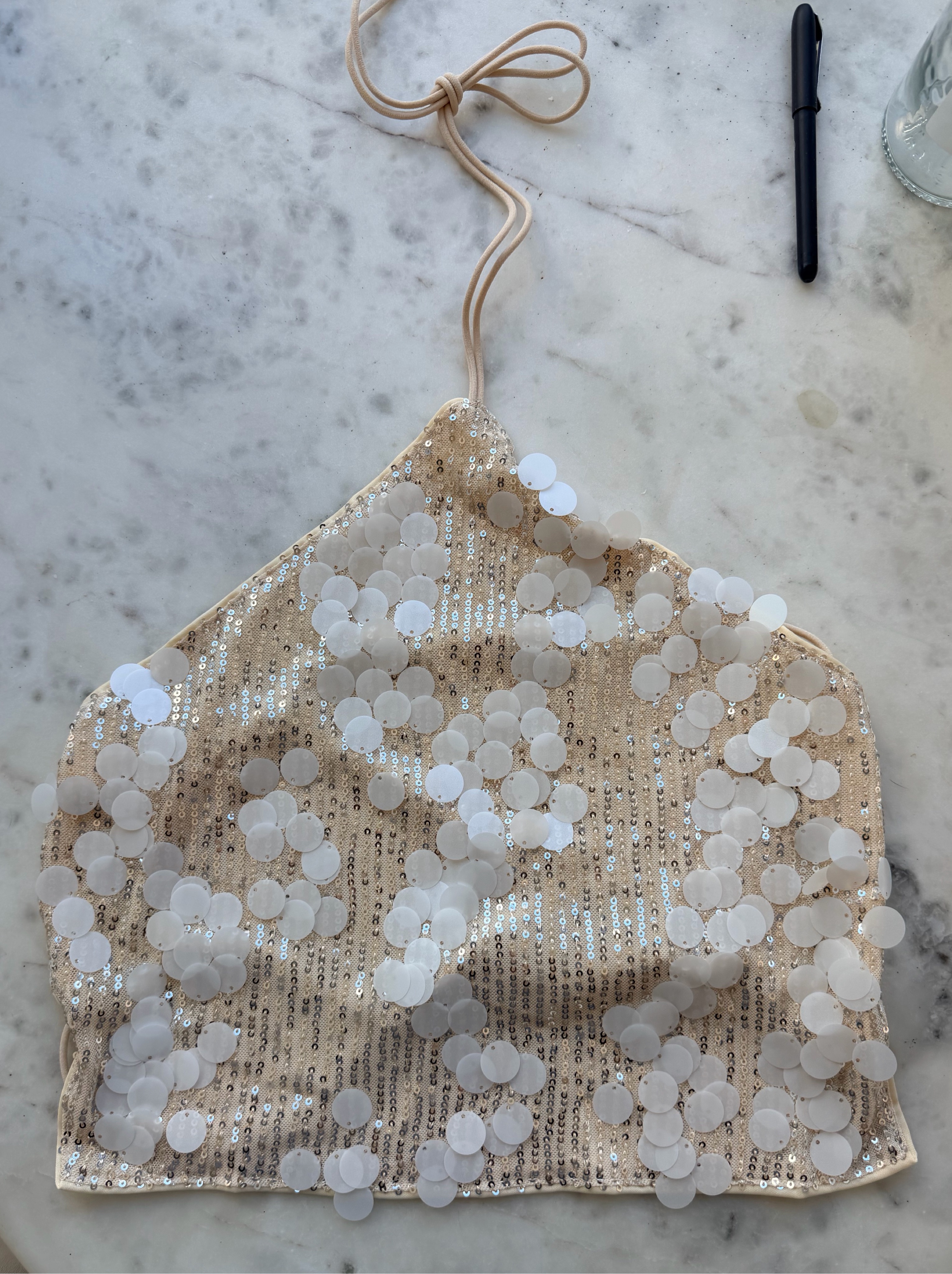 Cream Sequin Embellished Halter Top