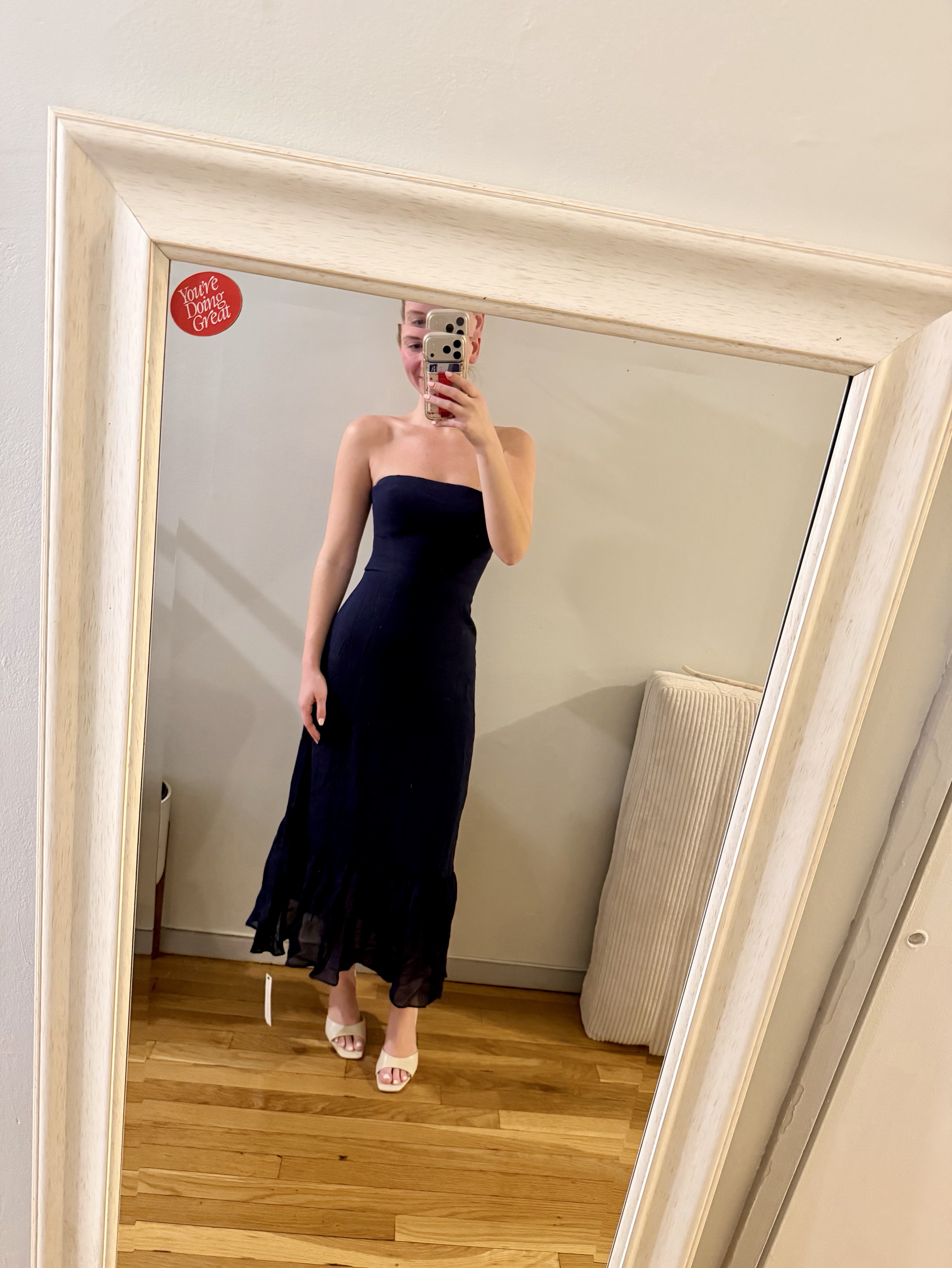 Reformation Navy Strapless Chiffon Midi Dress by Reformation