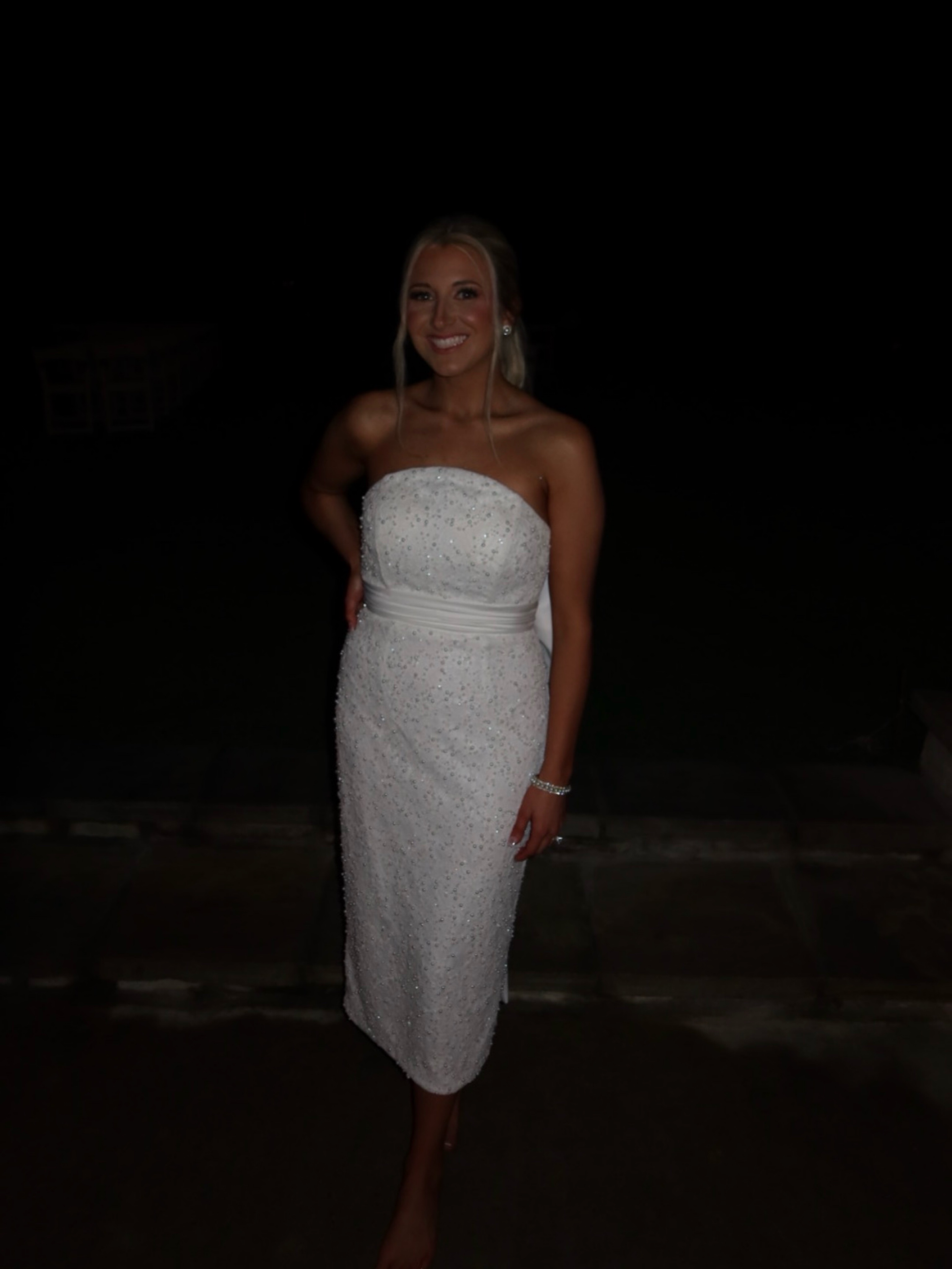 Mac Duggal Ivory Beaded Strapless Midi Dress