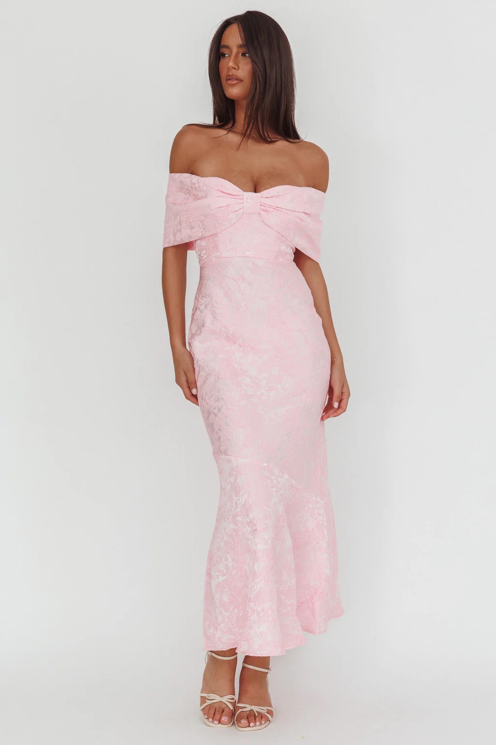 Selfie Leslie Pink Jacquard Off-Shoulder Maxi Dress by Selfie Leslie - Pickle Selfie Leslie Pink Jacquard Off-Shoulder Maxi Dress by Selfie Leslie - Pickle