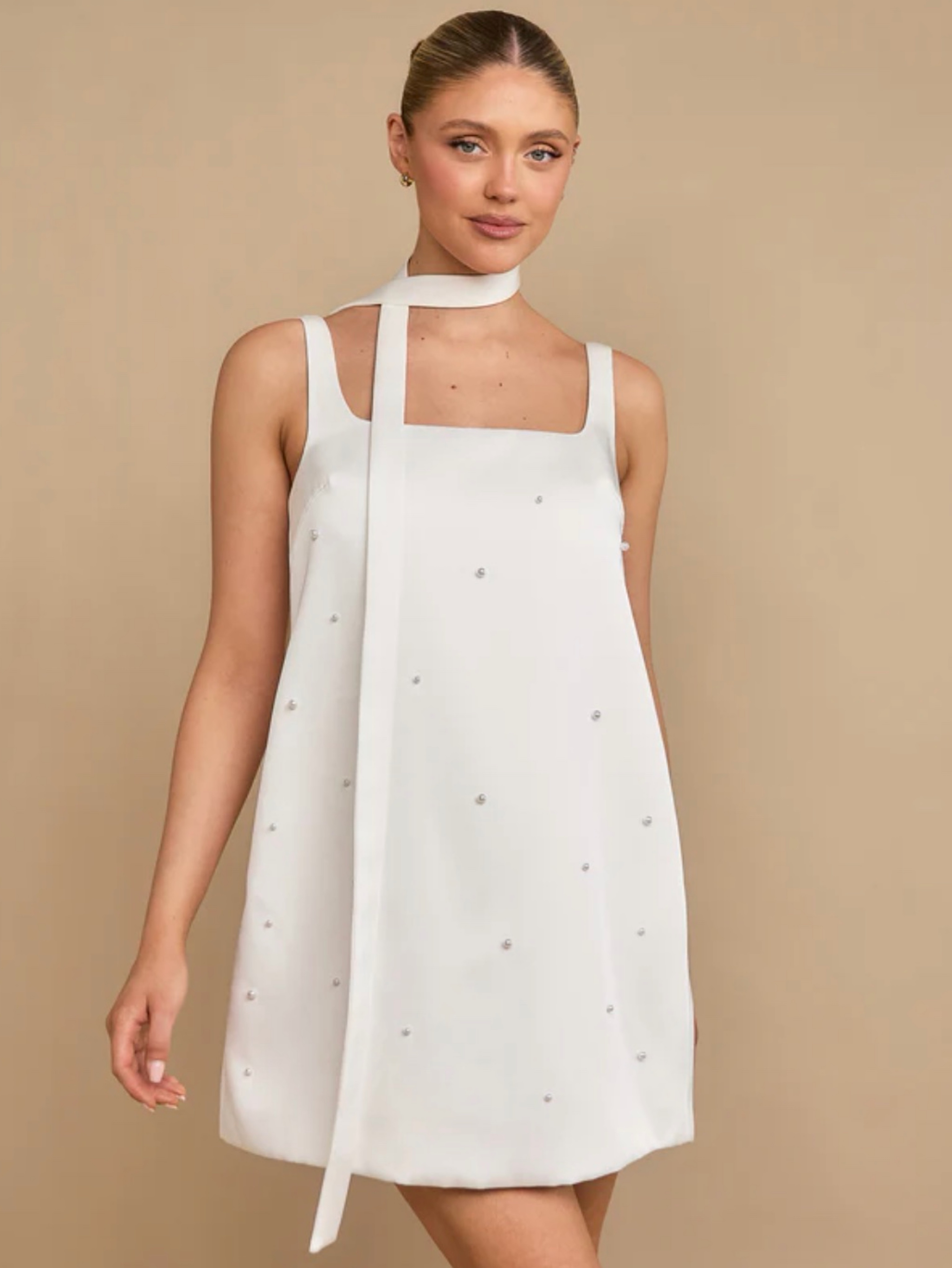 ANYA Pearl Scatter Detail Mini Dress with Neck Scarf – White