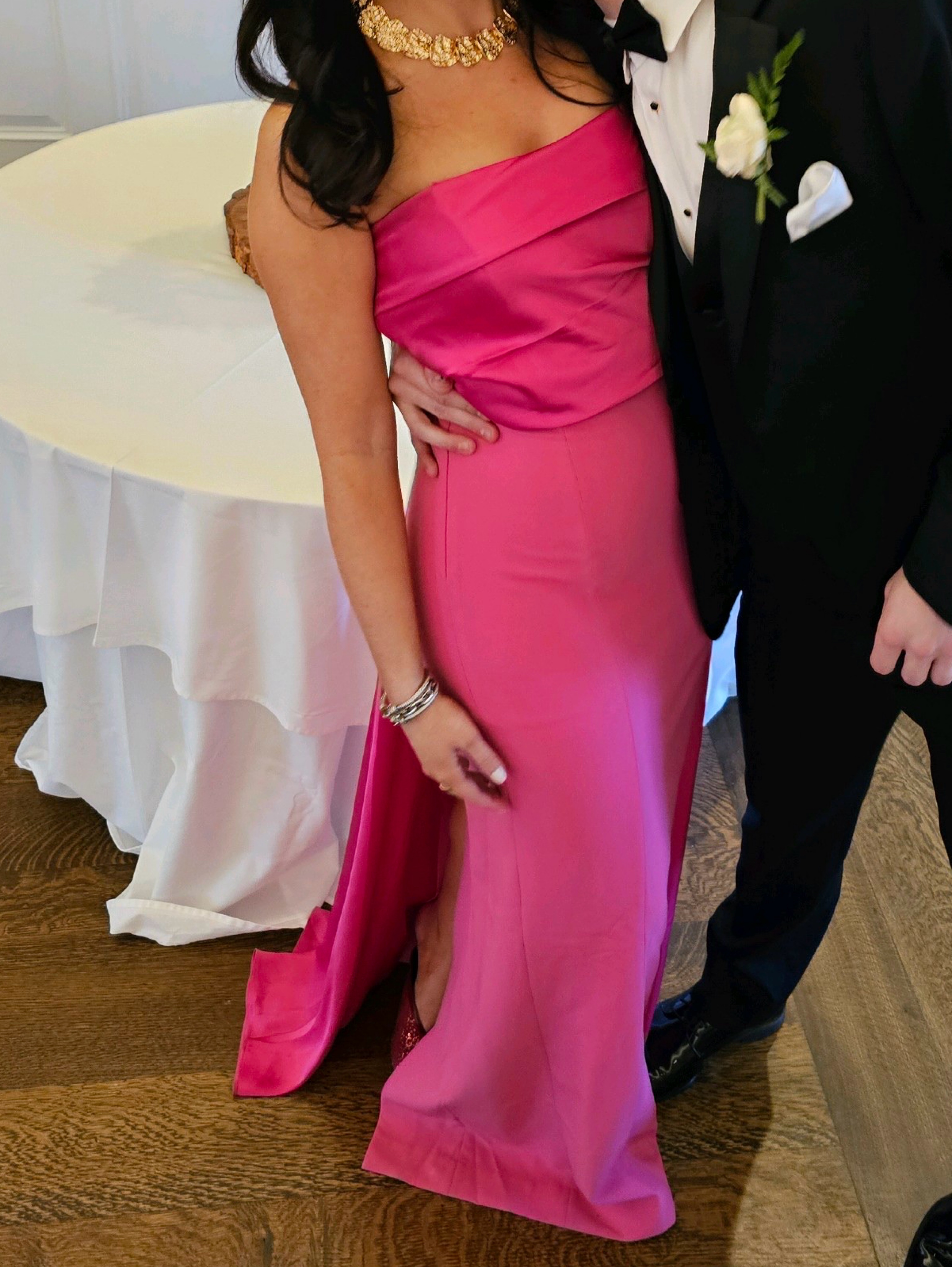 Hot Pink Strapless Ruched Evening Gown