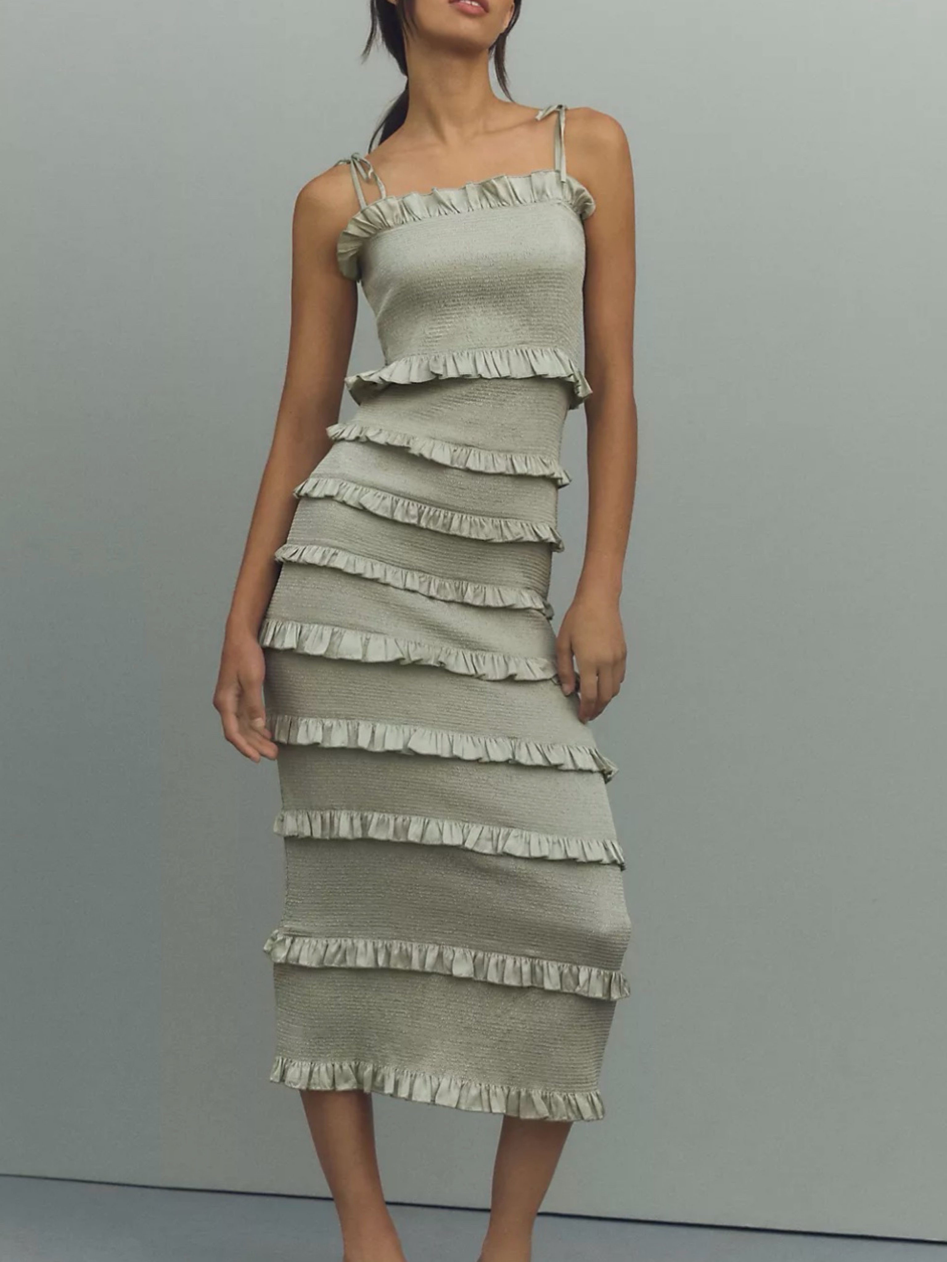 V. Chapman Lily Ruched & Ruffled Stretch Satin Midi Dress