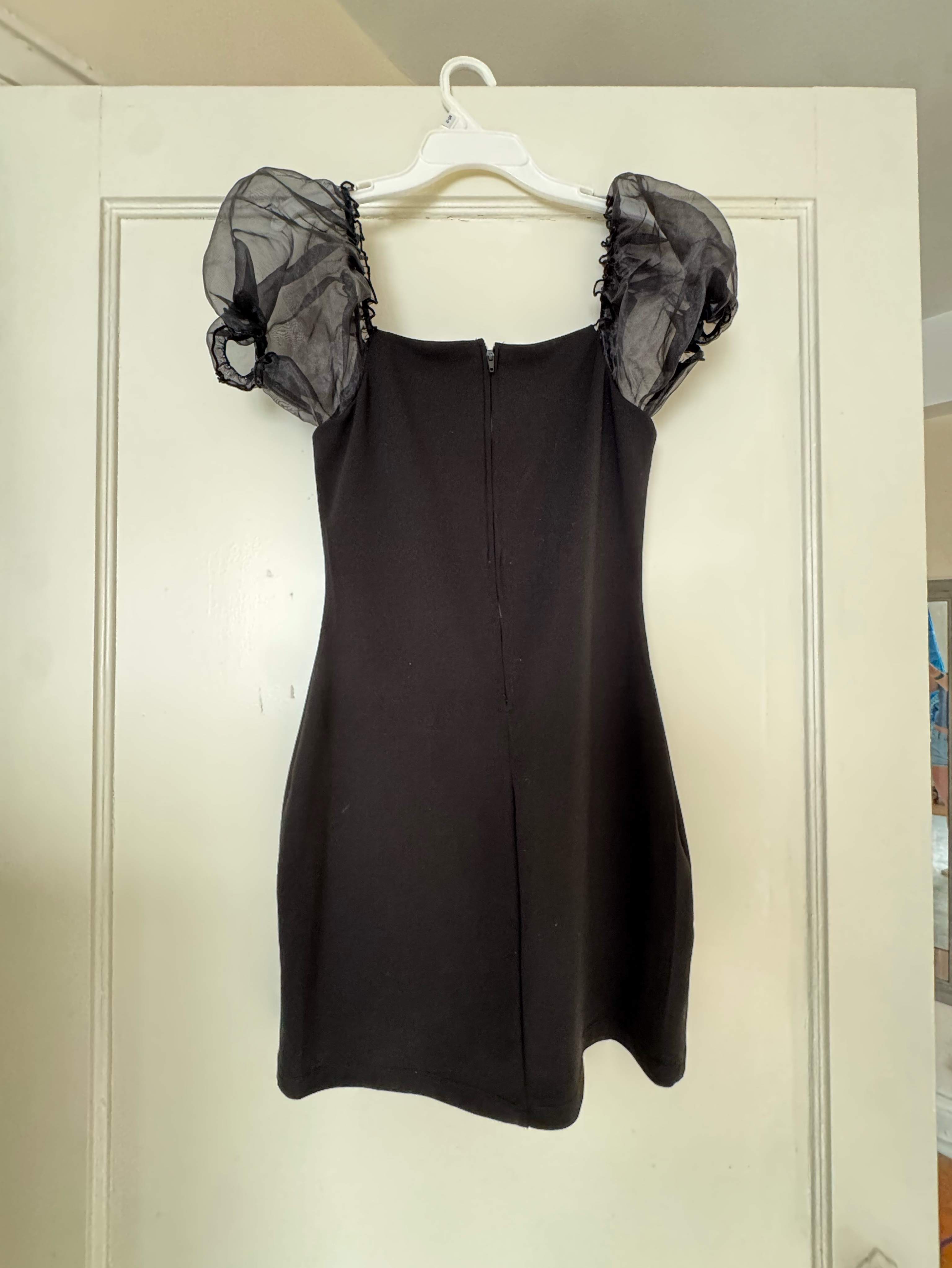 black dress with mesh puff sleeves Prickle Thorn Print Mesh Puff Sleeve Mini Dress
