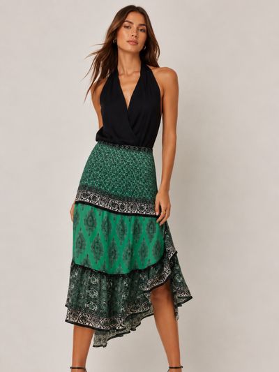 定価8万円新品alice+oliviaアシンメトリーラッフルクチュールスカート Alice + Olivia Emerald Green Scarf Print Asymmetrical Handkerchief