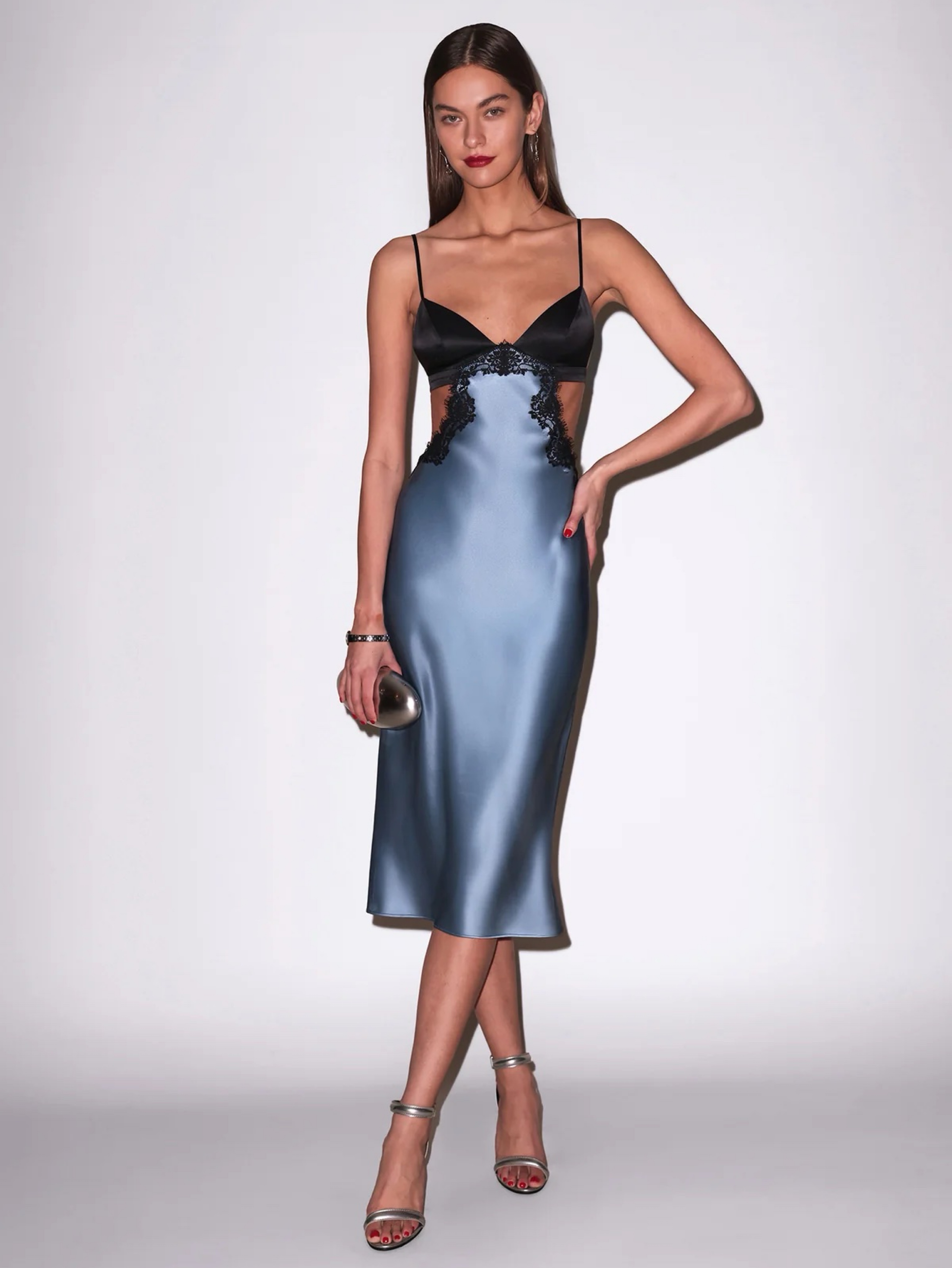 Fleur du Mal Cherie Lace blue silk cut out midi dress S