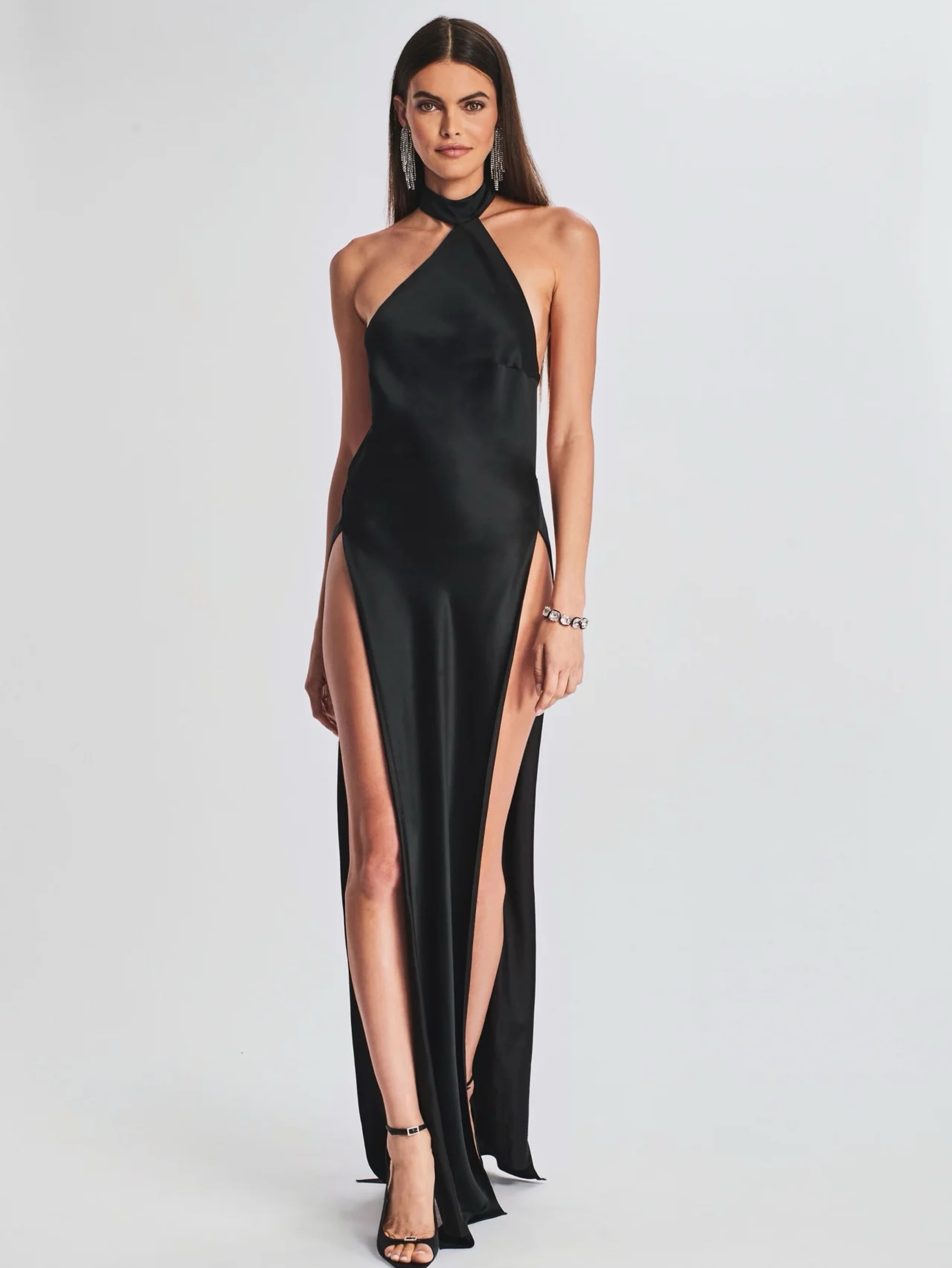Retrofete Black Jagger Satin double slit gown XXS