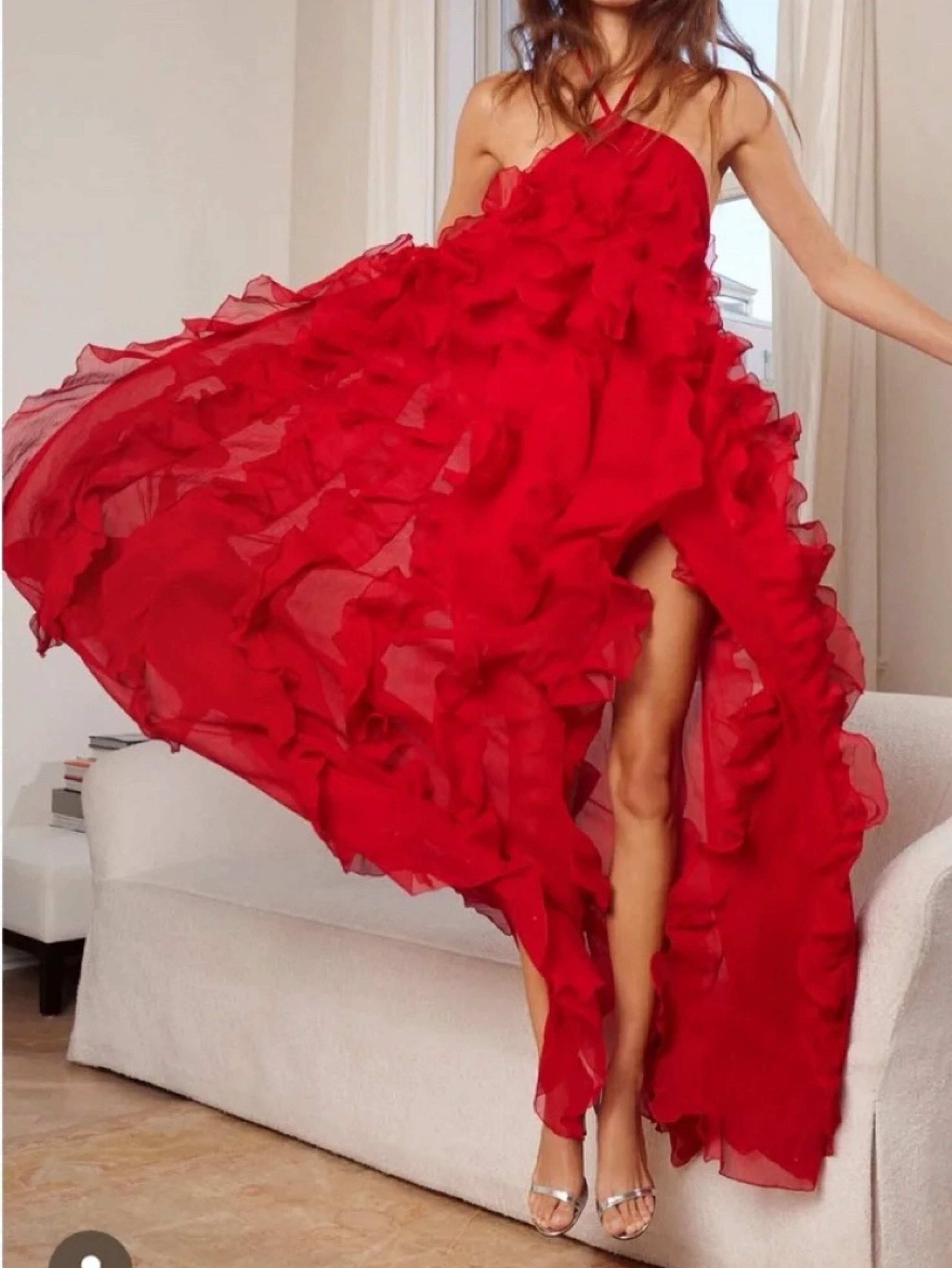 Patbo Red chiffon silk Ruffle maxi dress S