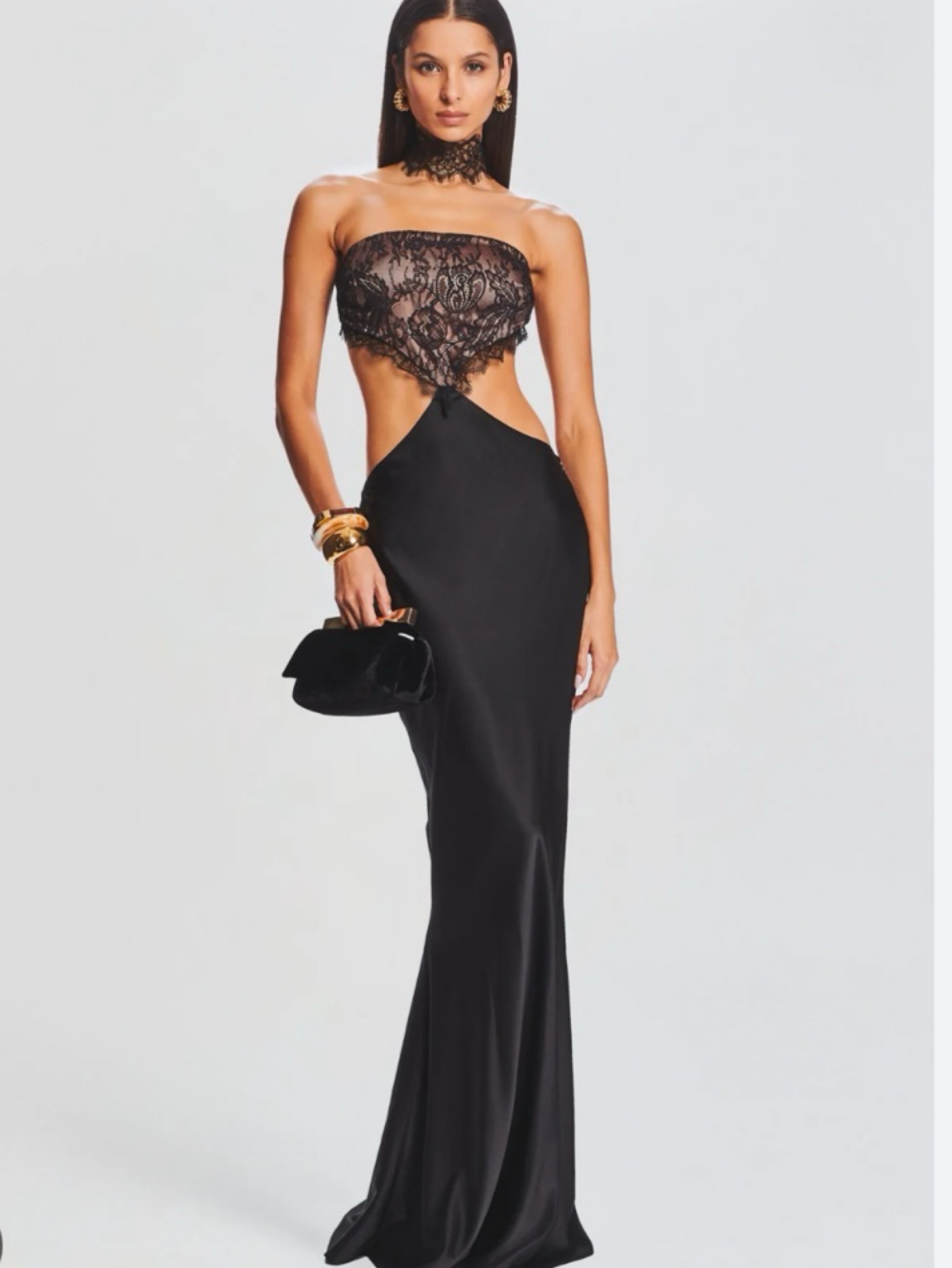 Retrofete black Lucie satin lace cut out gown S