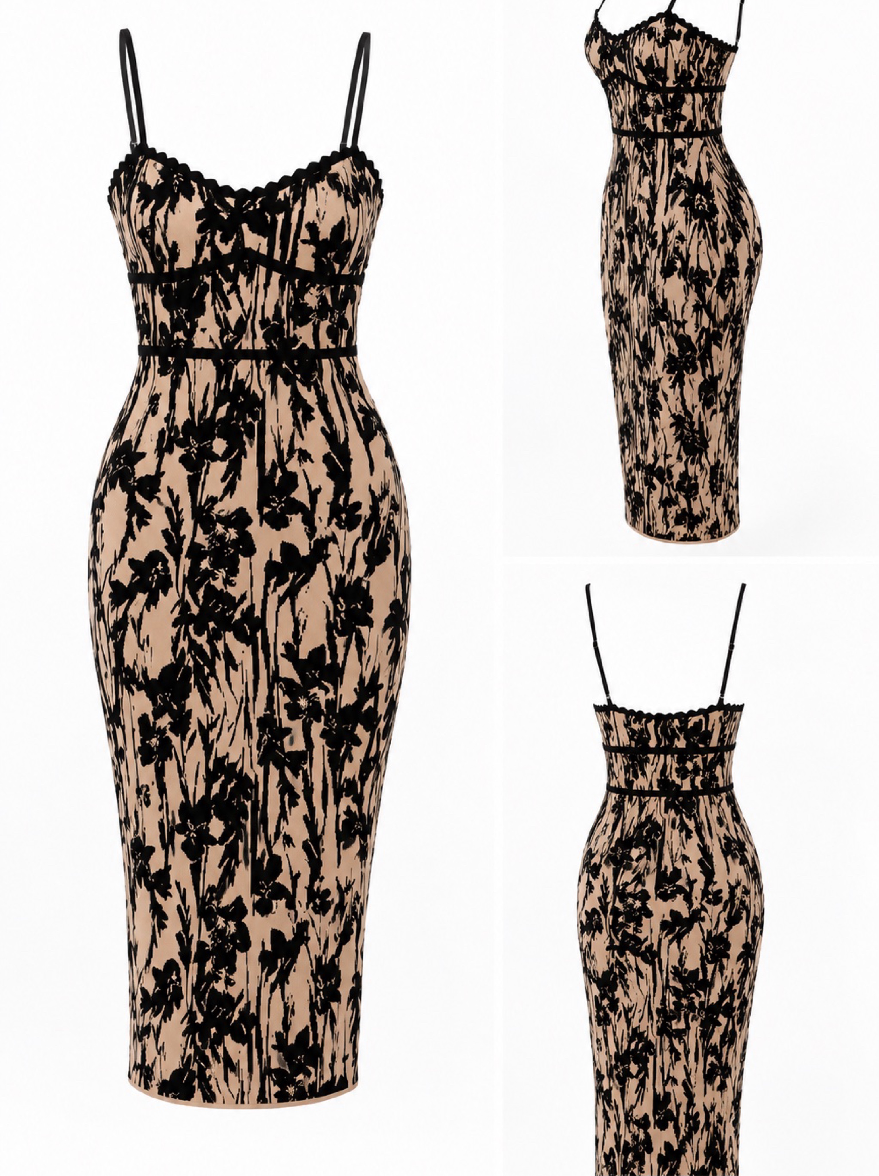 Bcbg Black Cream Floral Print Midi Dress