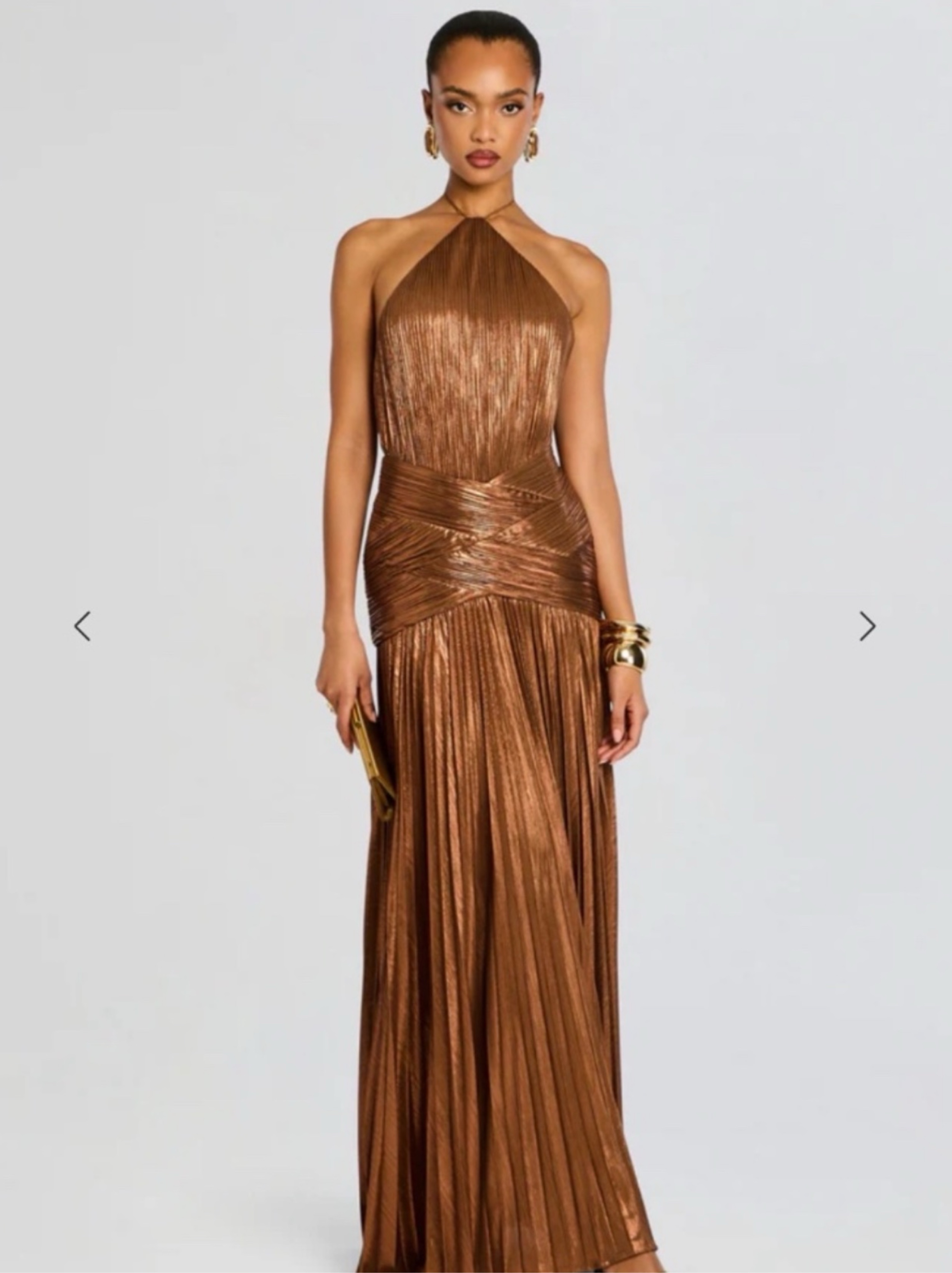 Retrofete Bronze brown Metallic Pleated Halter Gown