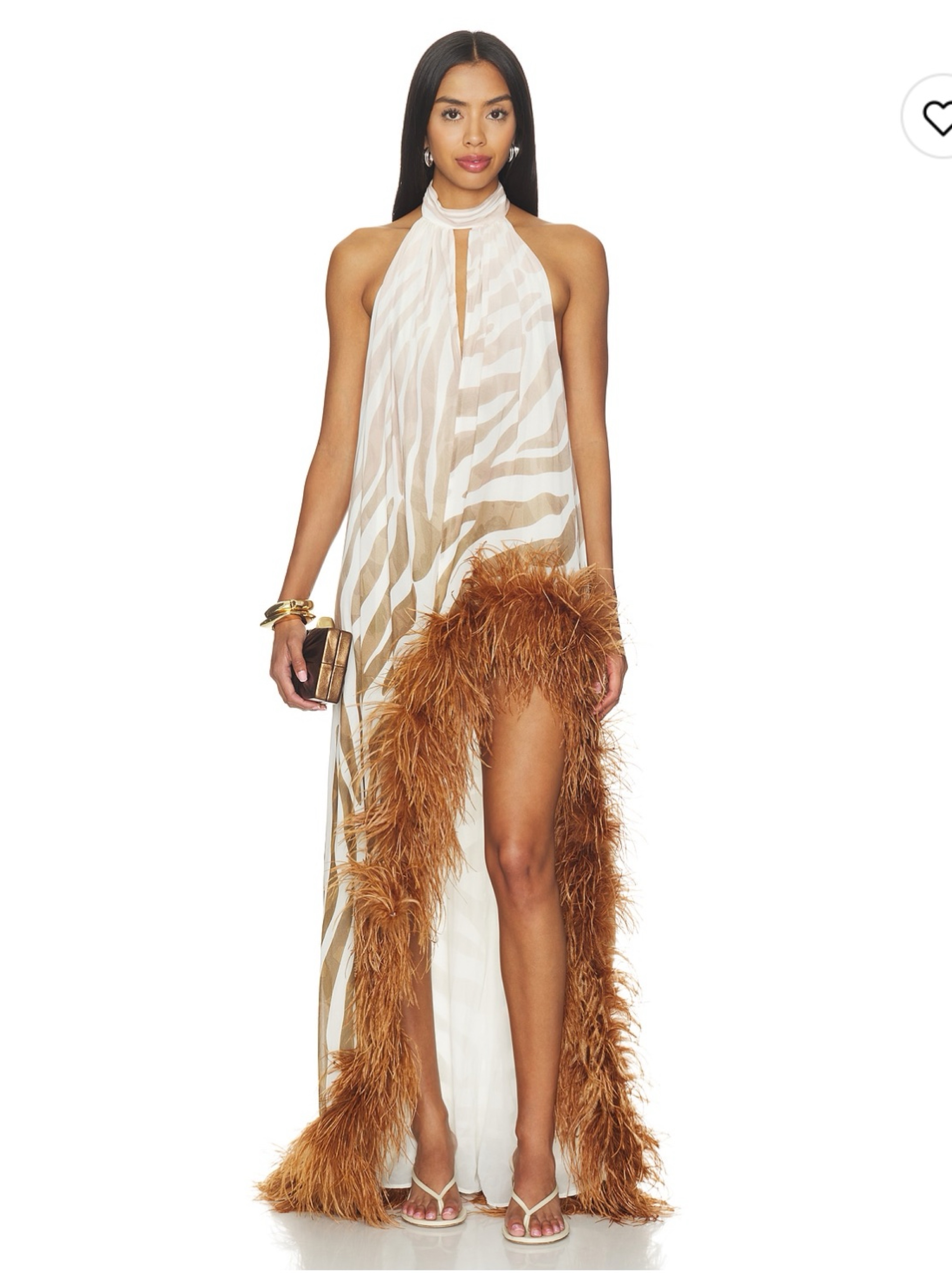 Bronx Banco Cream Zebra Print Feather Halter Maxi Dress
