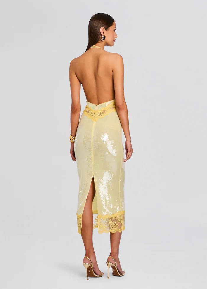 Yellow Sequin Lace Halter Midi Dress Retrofete by Retrofete - Pickle Yellow Sequin Lace Halter Midi Dress Retrofete by Retrofete - Pickle