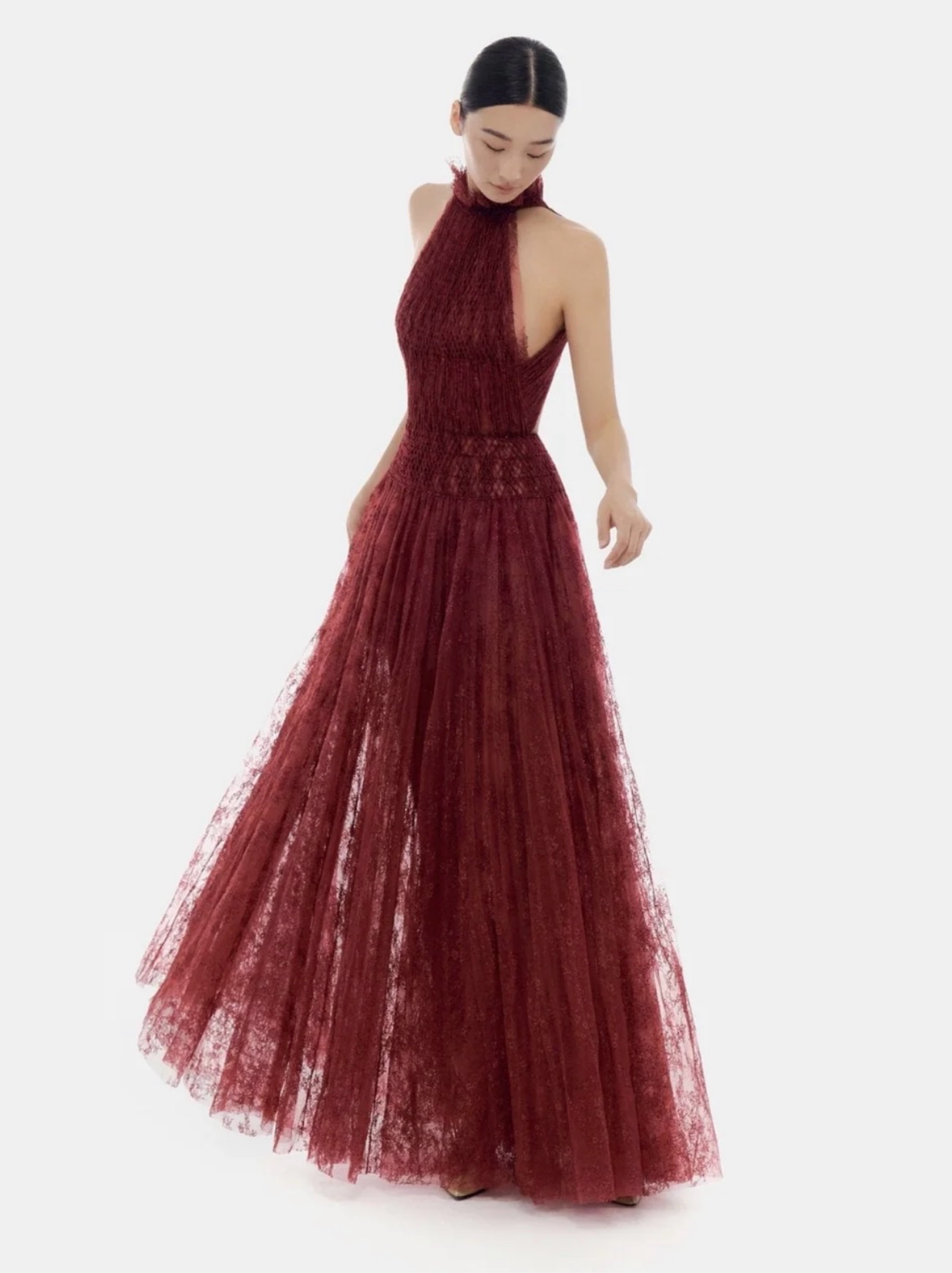 Montsand Burgundy Tulle Halter Gown