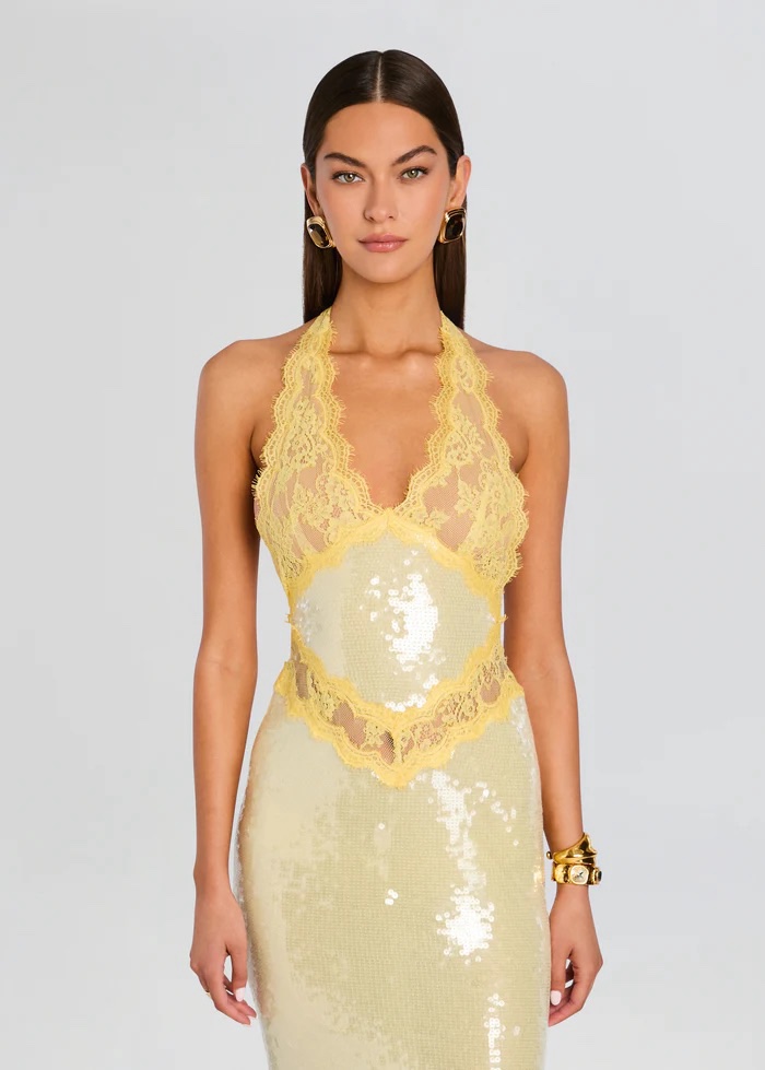 Yellow Sequin Lace Halter Midi Dress Retrofete by Retrofete - Pickle Yellow Sequin Lace Halter Midi Dress Retrofete by Retrofete - Pickle