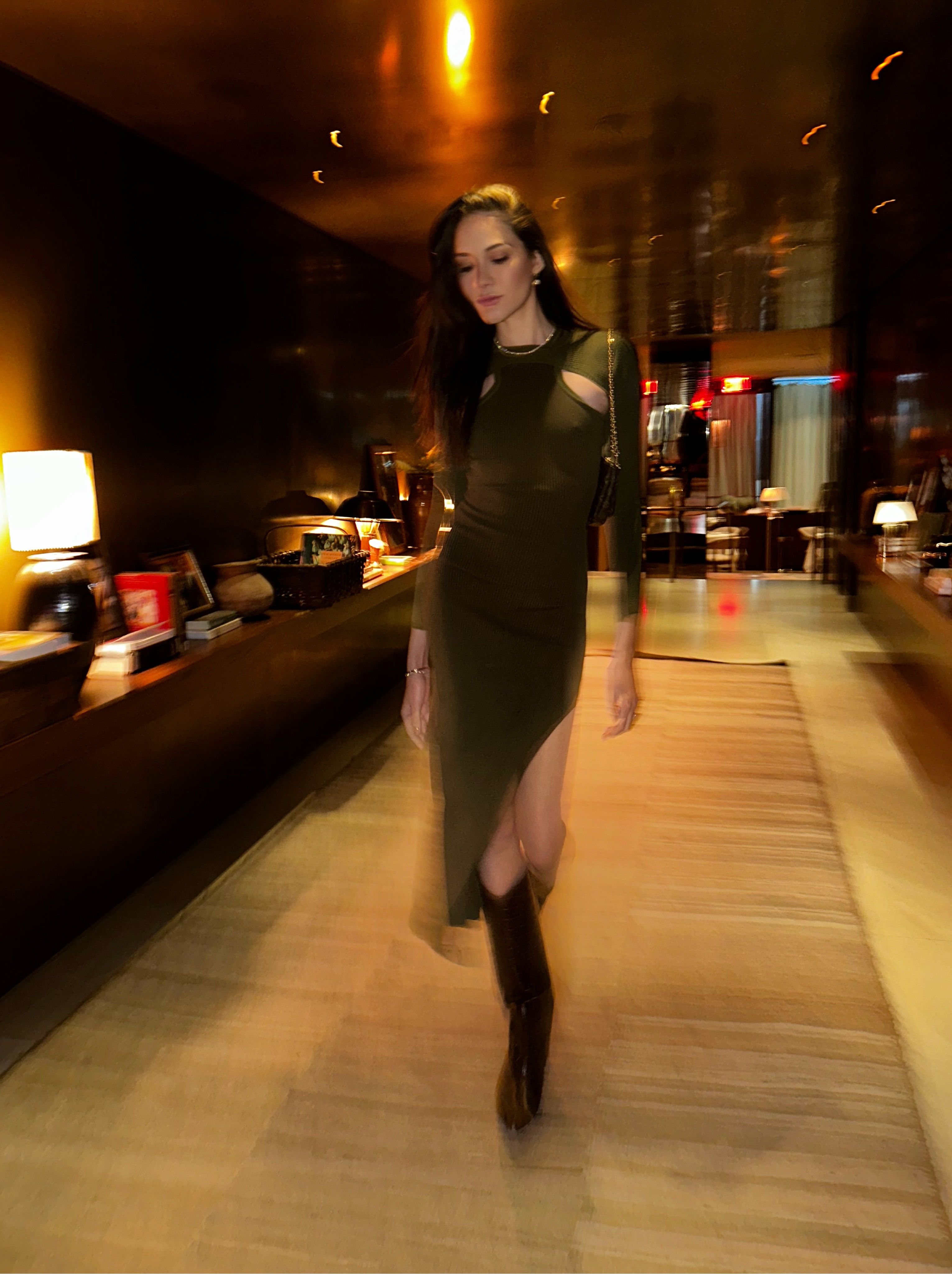 Olive Ribbed Cutout Midi Dress
