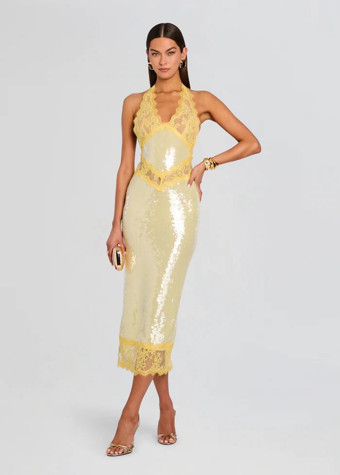 Yellow Sequin Lace Halter Midi Dress Retrofete by Retrofete - Pickle Yellow Sequin Lace Halter Midi Dress Retrofete by Retrofete - Pickle