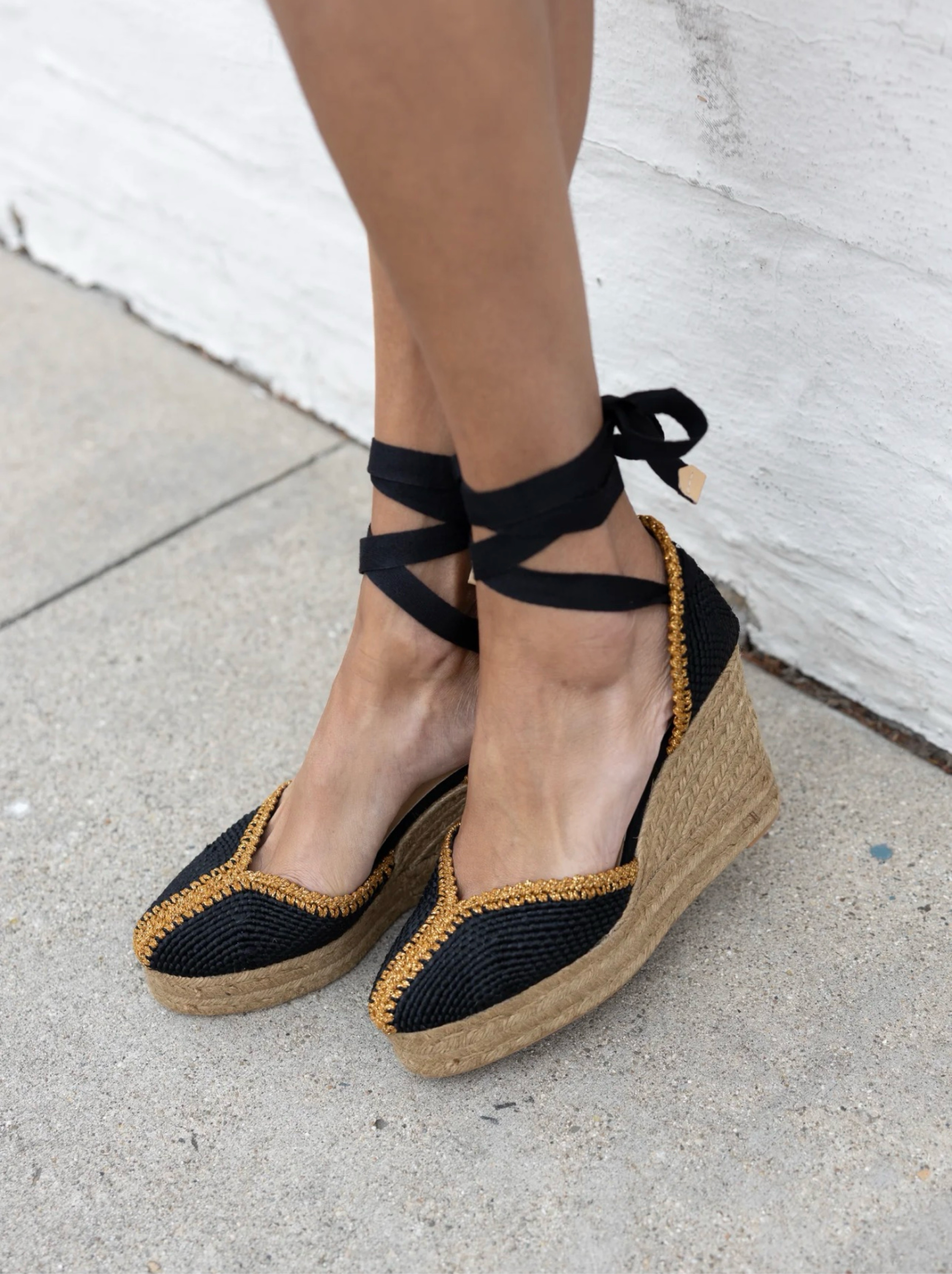 Castaner - Black Gold Beaded Espadrille Wedge Sandal