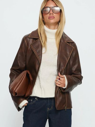 Vyolette Faux Leather Collared Jacket Washed Brown by Princess