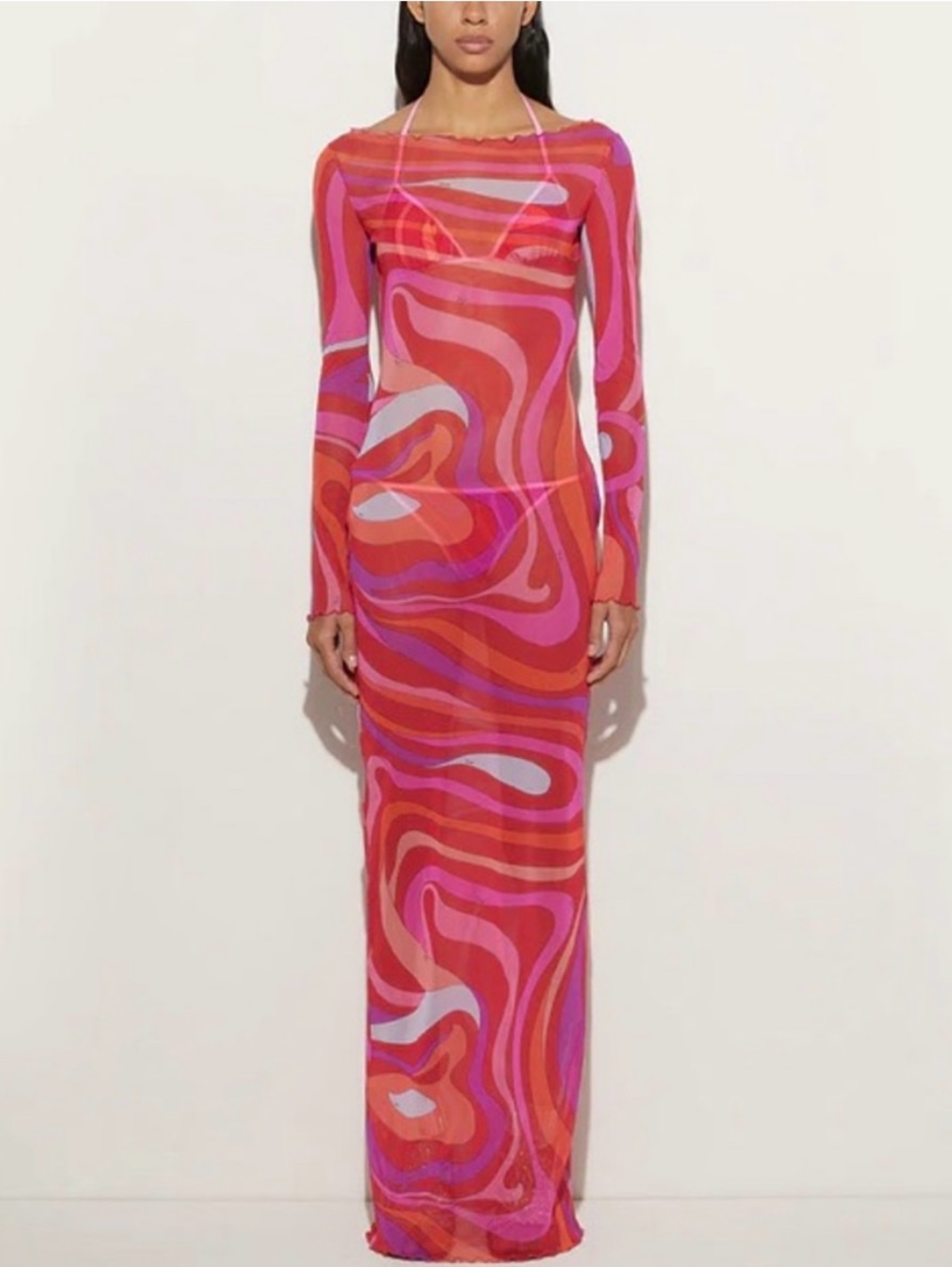 Pucci Red Sheer Abstract Swirl Print Long Dress Small