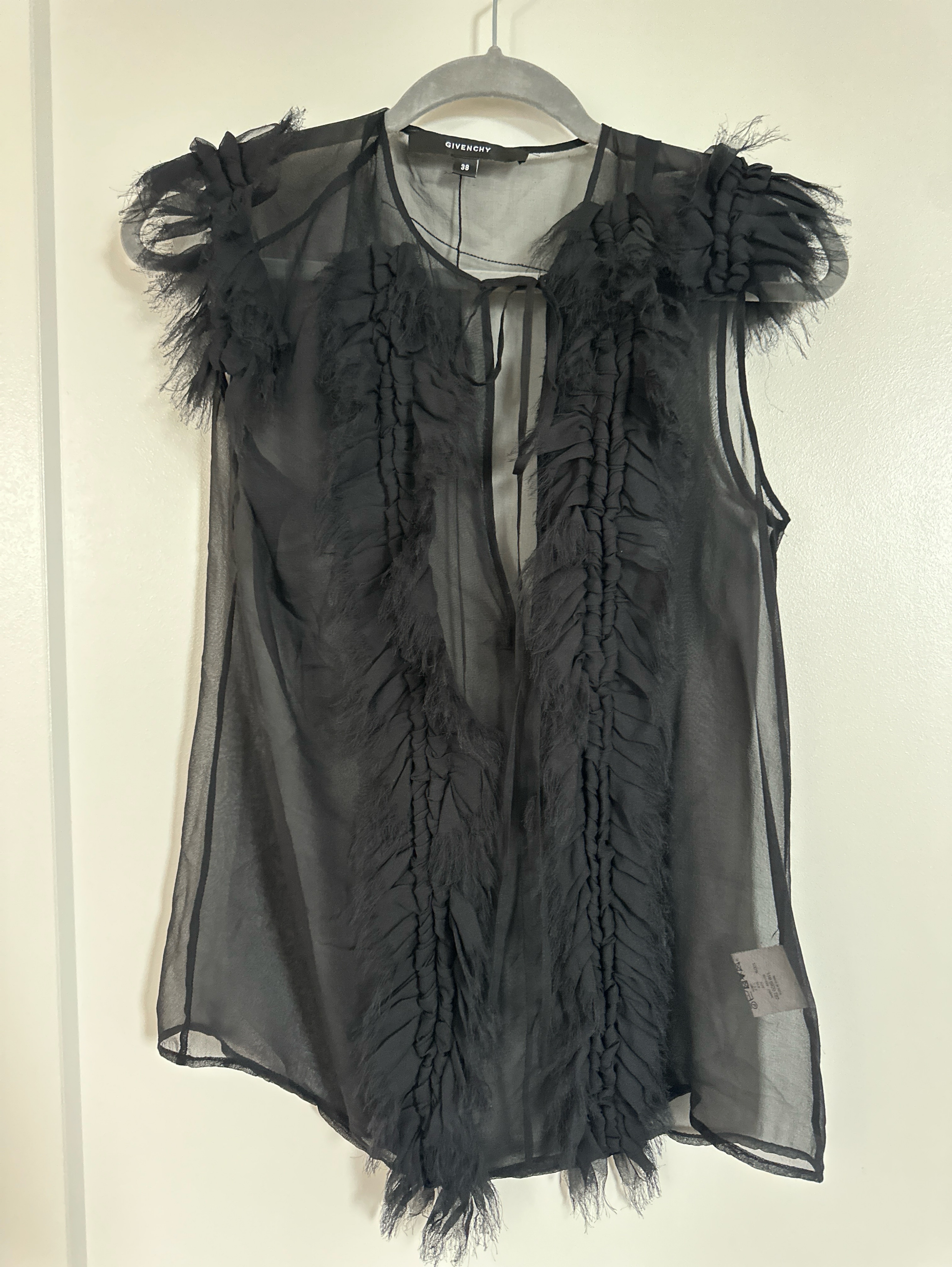 Givenchy Sheer Black Silk Ruffle Top Size 38 Medium