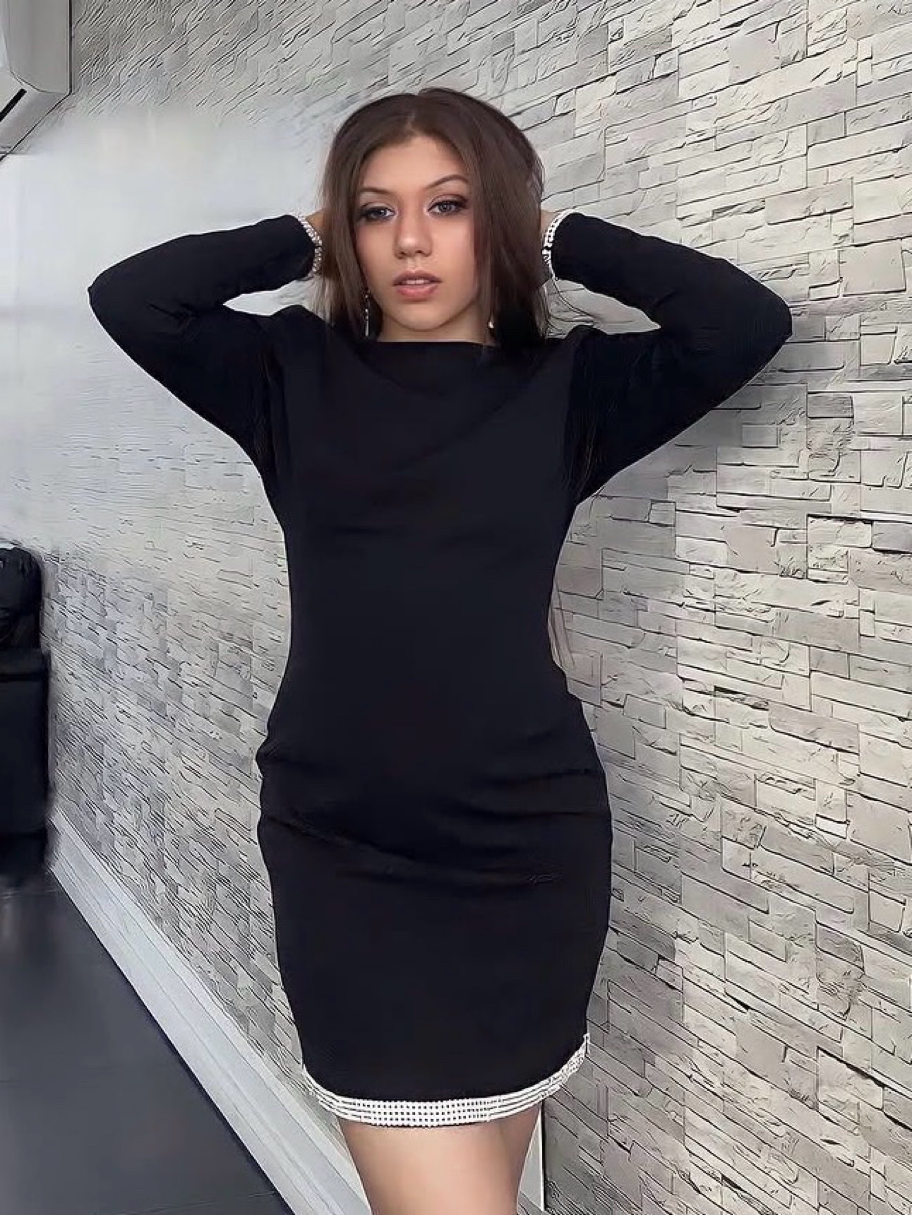 black mini bodycon dress long sleeve Long-Sleeve by Dress The Population Friends wore all black This garment fits true EveningLace Color:Mint Sequin