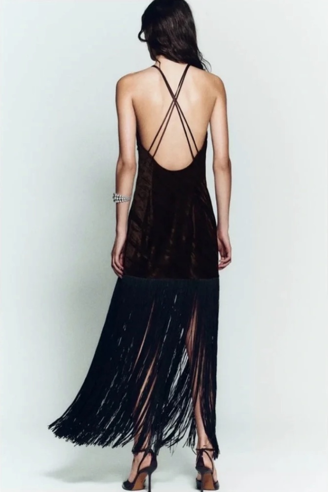 Zara Velvet Fringe Dress by Zara - Pickle