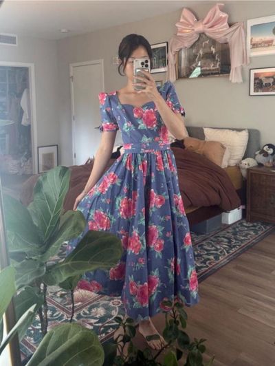 Vintage Laura Ashley blue floral midi dress with bow tie waist by
