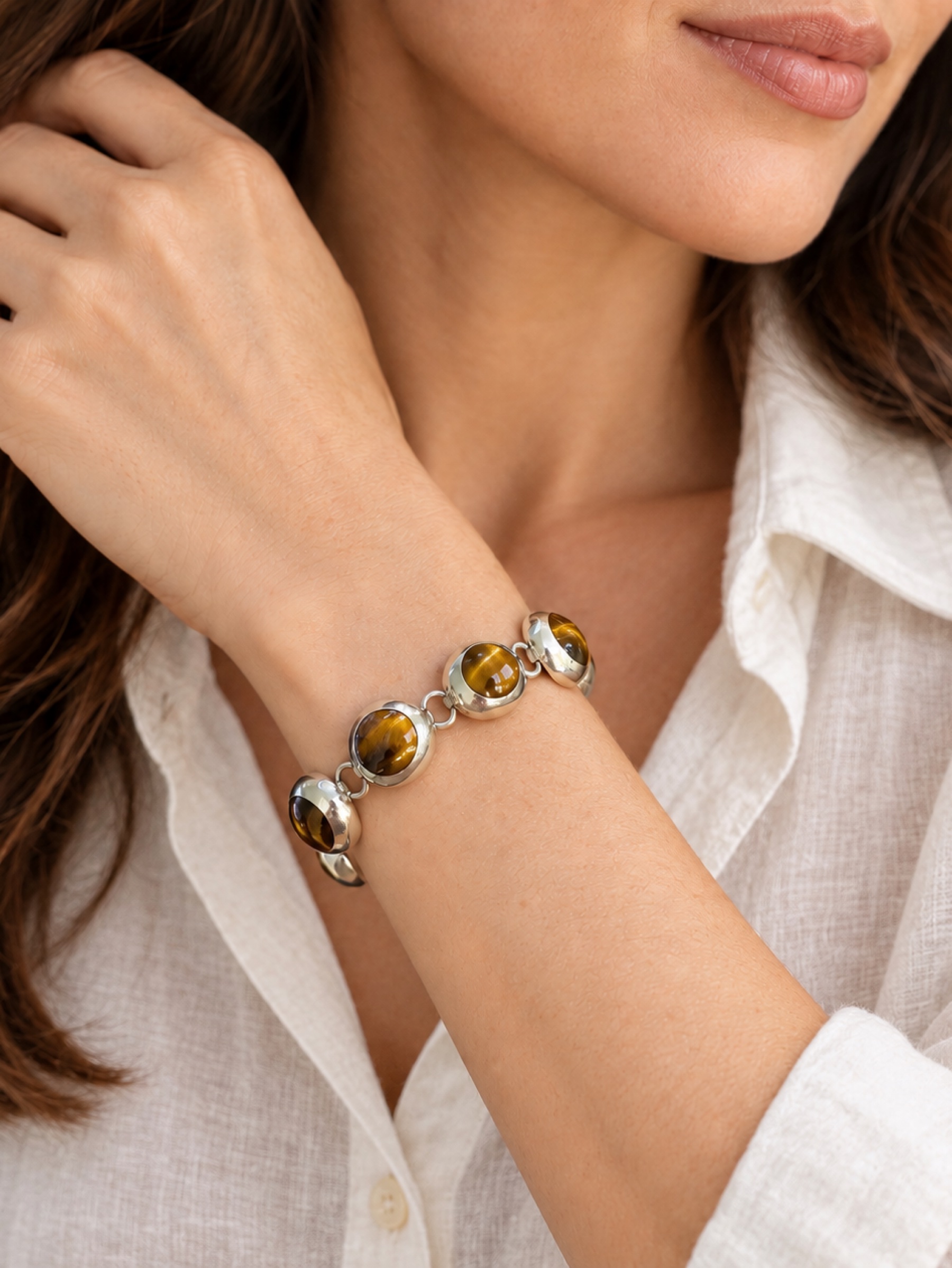 Vintage Mexican Sterling & Tiger Eye Bracelet- Rich Brown
