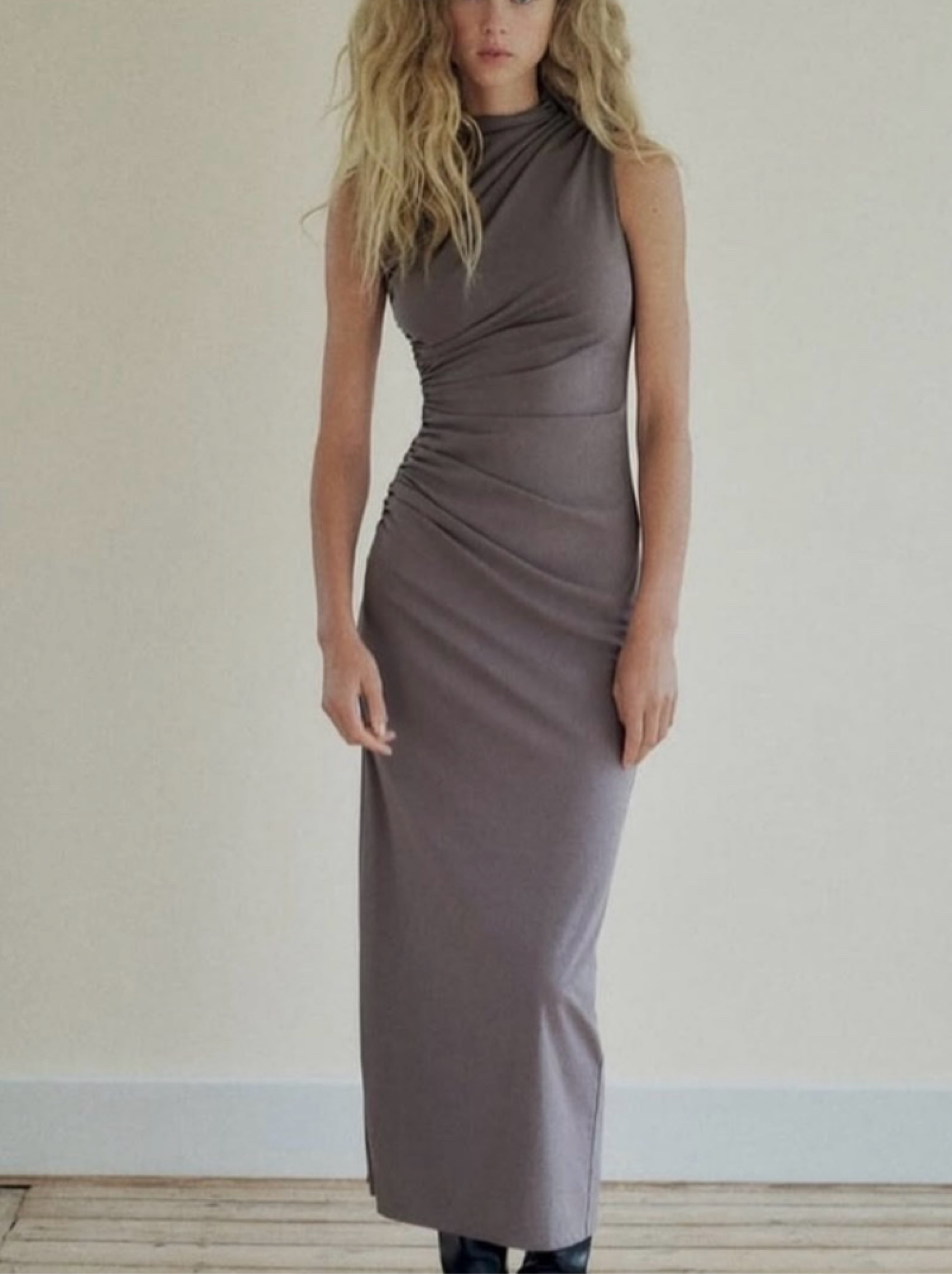 Zara Charcoal/Gray Mock Neck Ruched Draped Maxi Dress