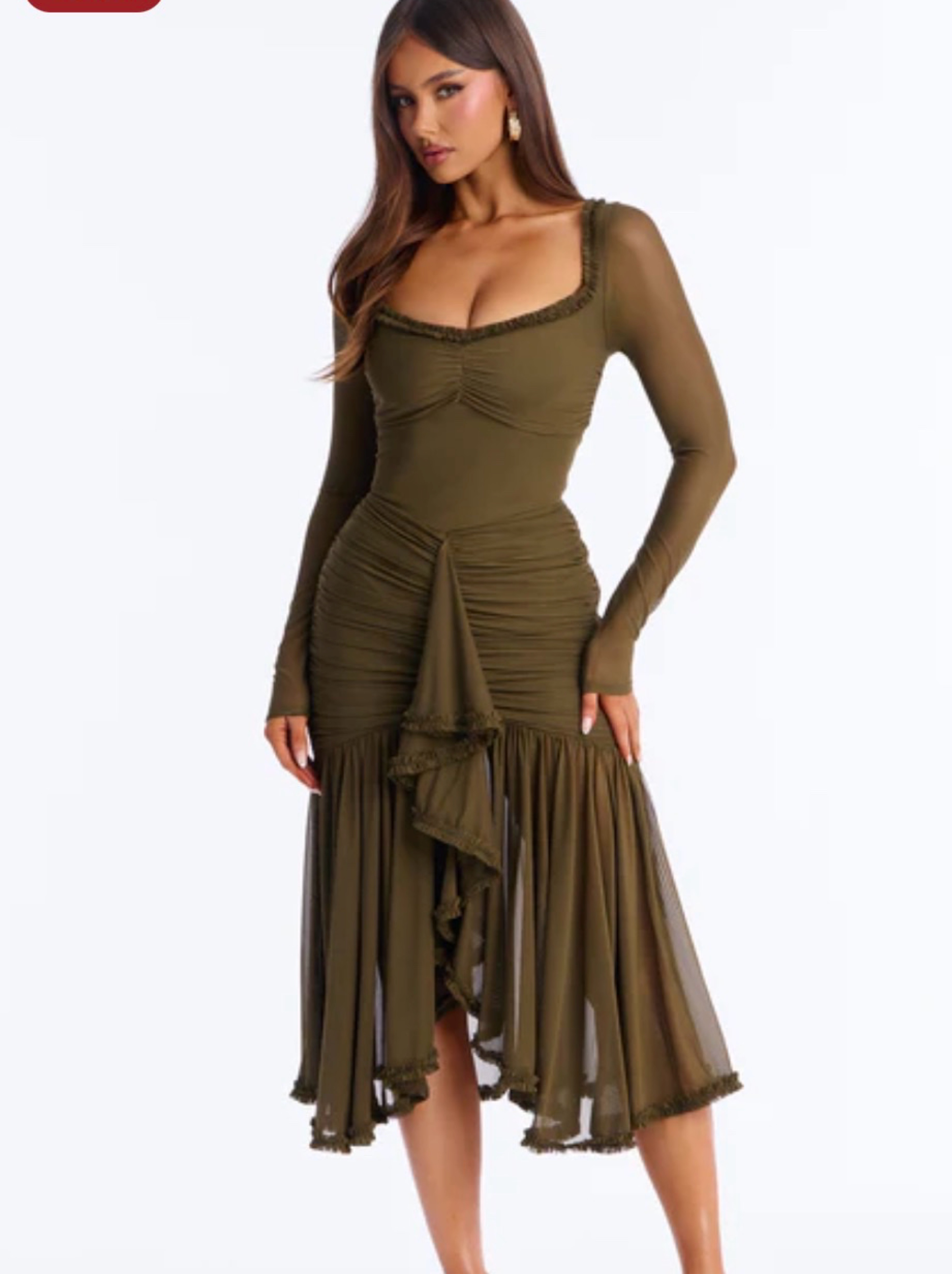 Mallory Ruffle Draped Mesh Midi Dress