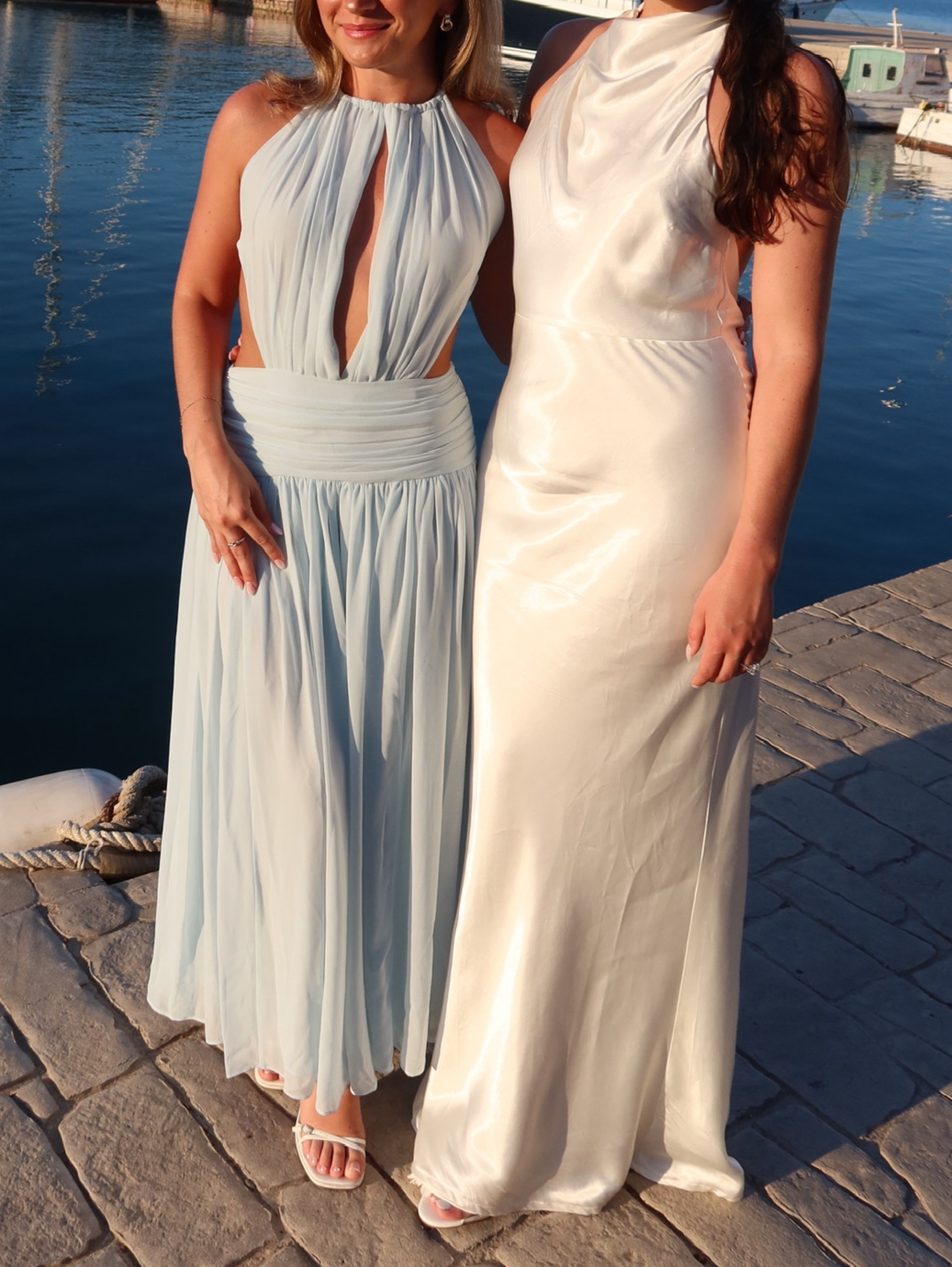 aquamarine blue halter dress Leny Womens Aquamarine Cascade Backless Woven Maxi Dress Xs