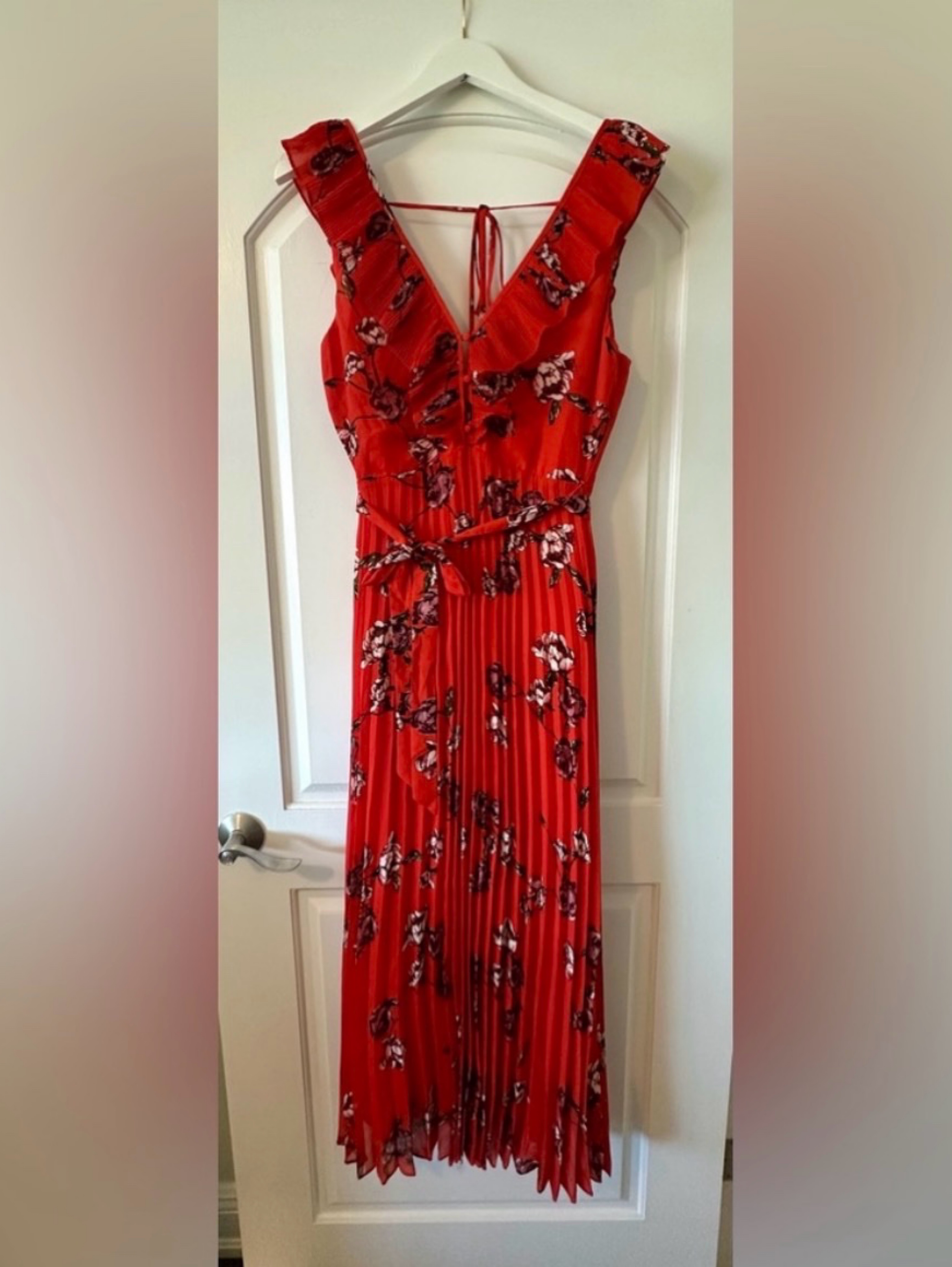 chiffon dress red print Hope & Ivy high neck chiffon maxi dress in dark based red floral print