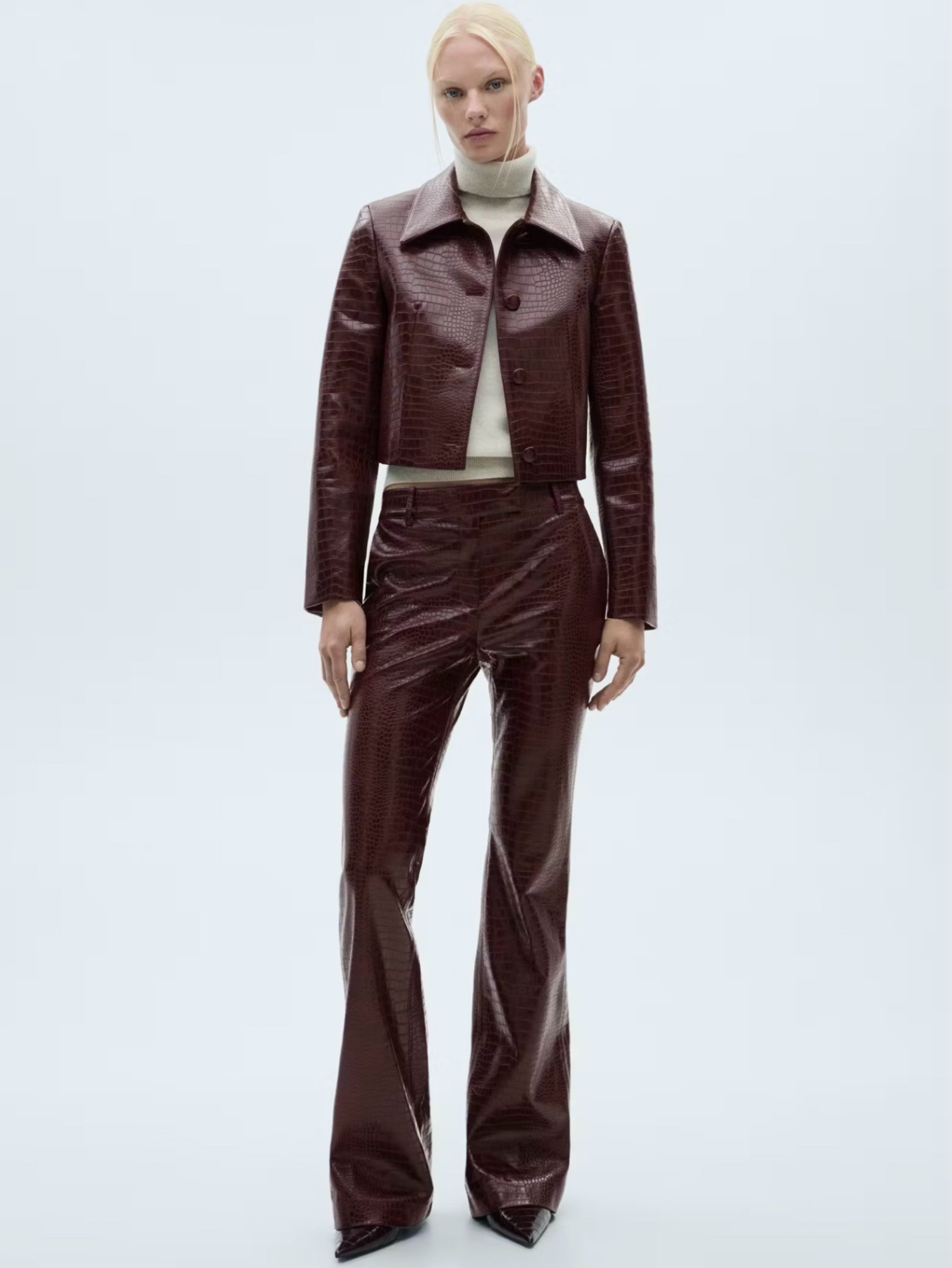 Mango- Burgundy Crocodile Embossed Leather Jacket & pants