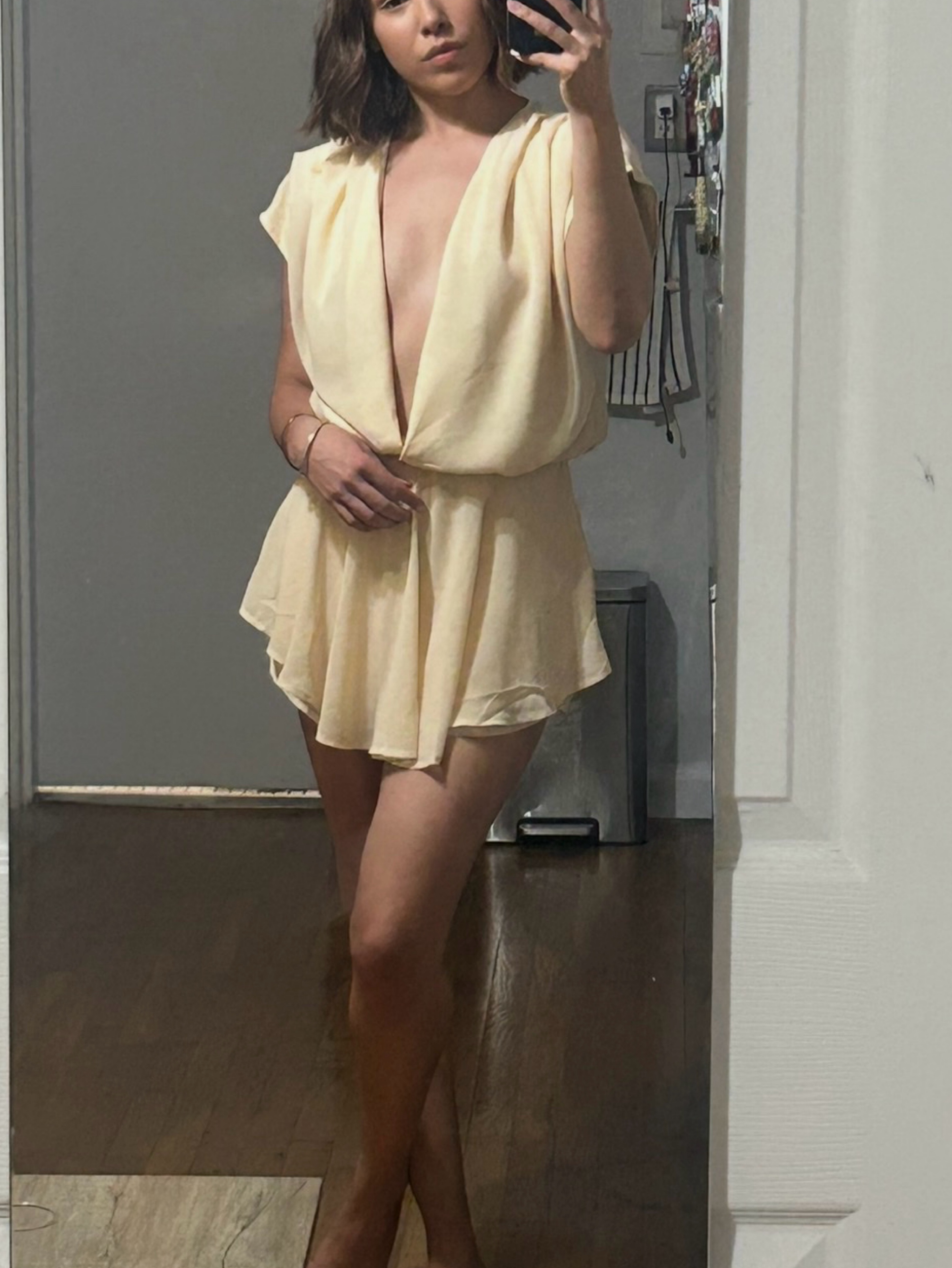 ALMOND CHIFFON EXTREME PLUNGE NECK FLOATY PLAYSUIT