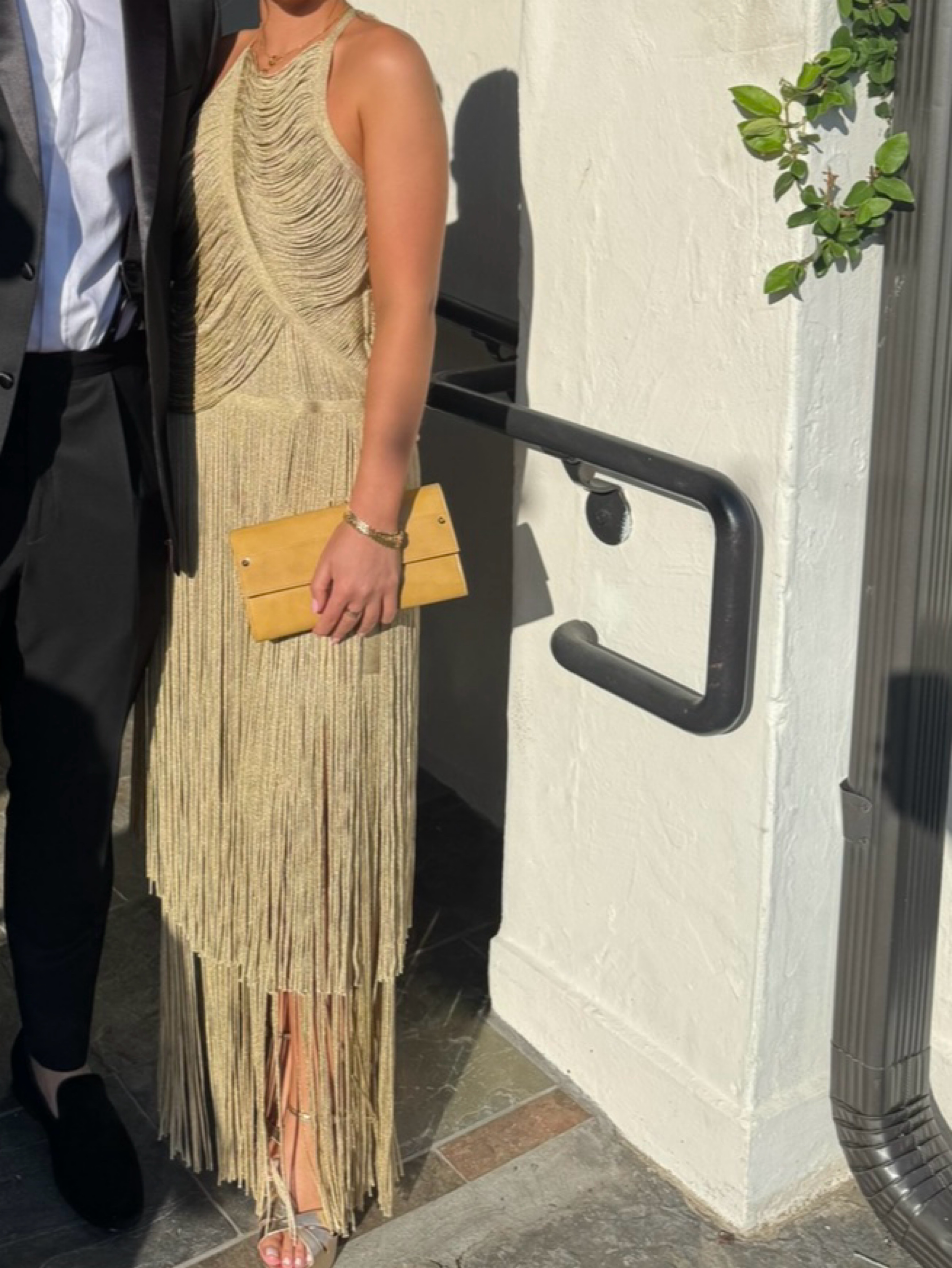 herve leger gold fringe dress V NECK FOIL FRINGED MIDI DRESS HERV LGER