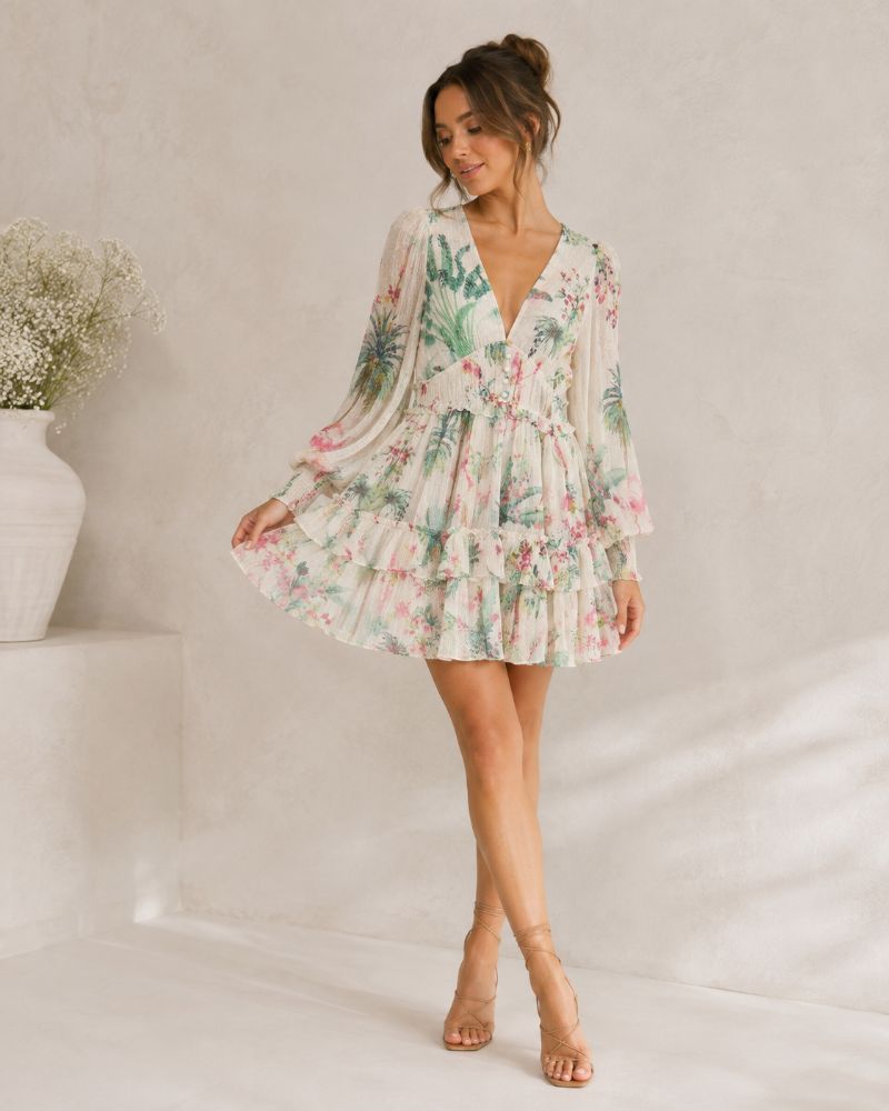 Hemant and Nandita | Cream Floral Tiered Mini Dress