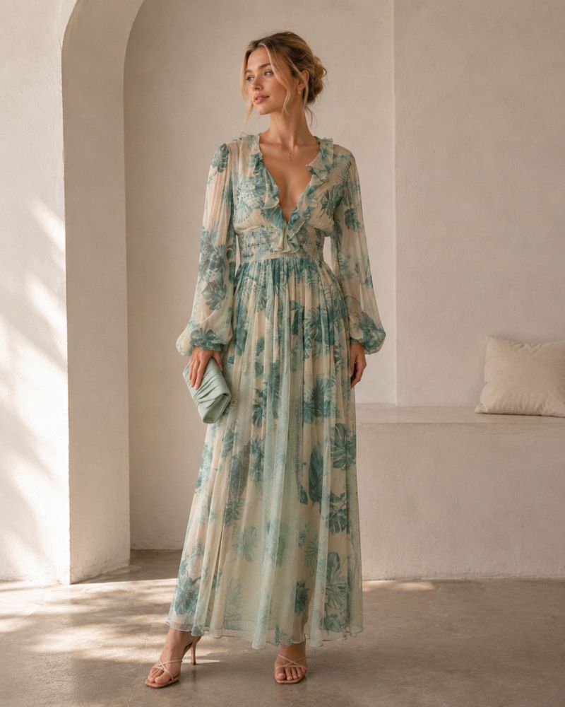 Rococo Sands | Sage Floral Print Chiffon Maxi Dress