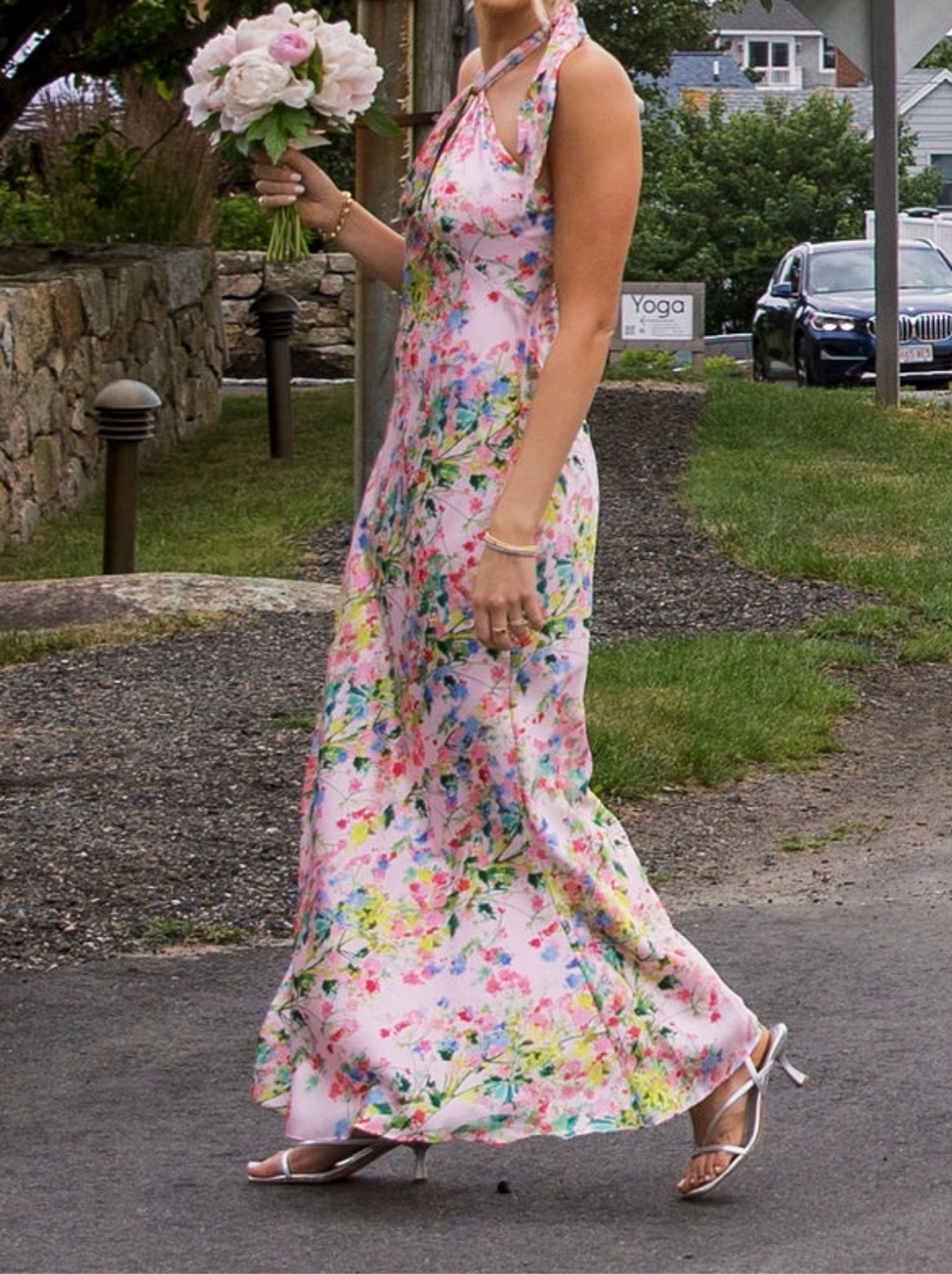 monique lhuillier pink floral dress Floral Print Long Dress