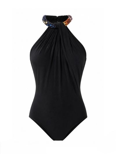 Alexander McQueen Black Halterneck Crystal-Embellished Bodysuit, Tops