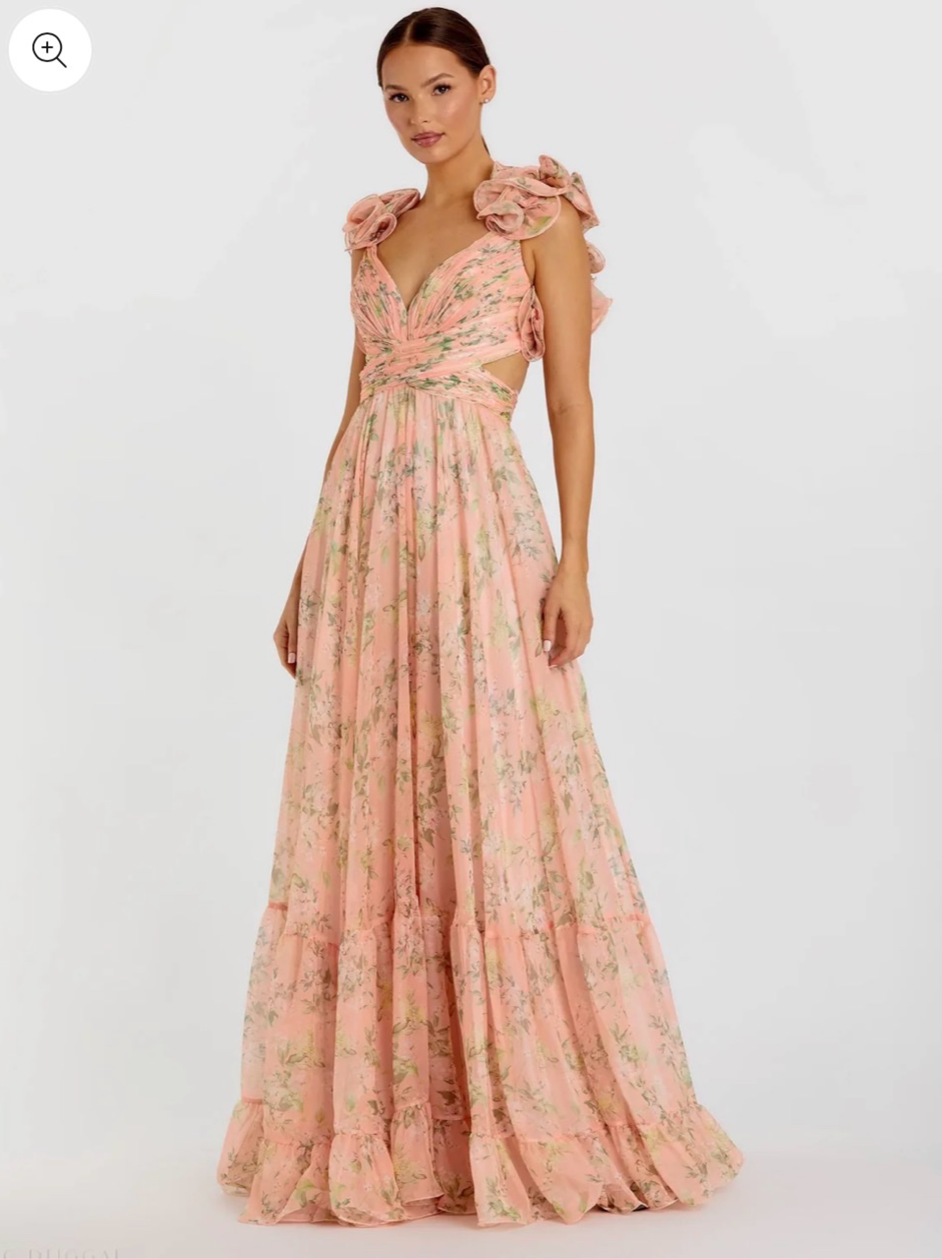 Mac Duggal Pink Ruffle Tiered Floral Cut-Out Chiffon Gown