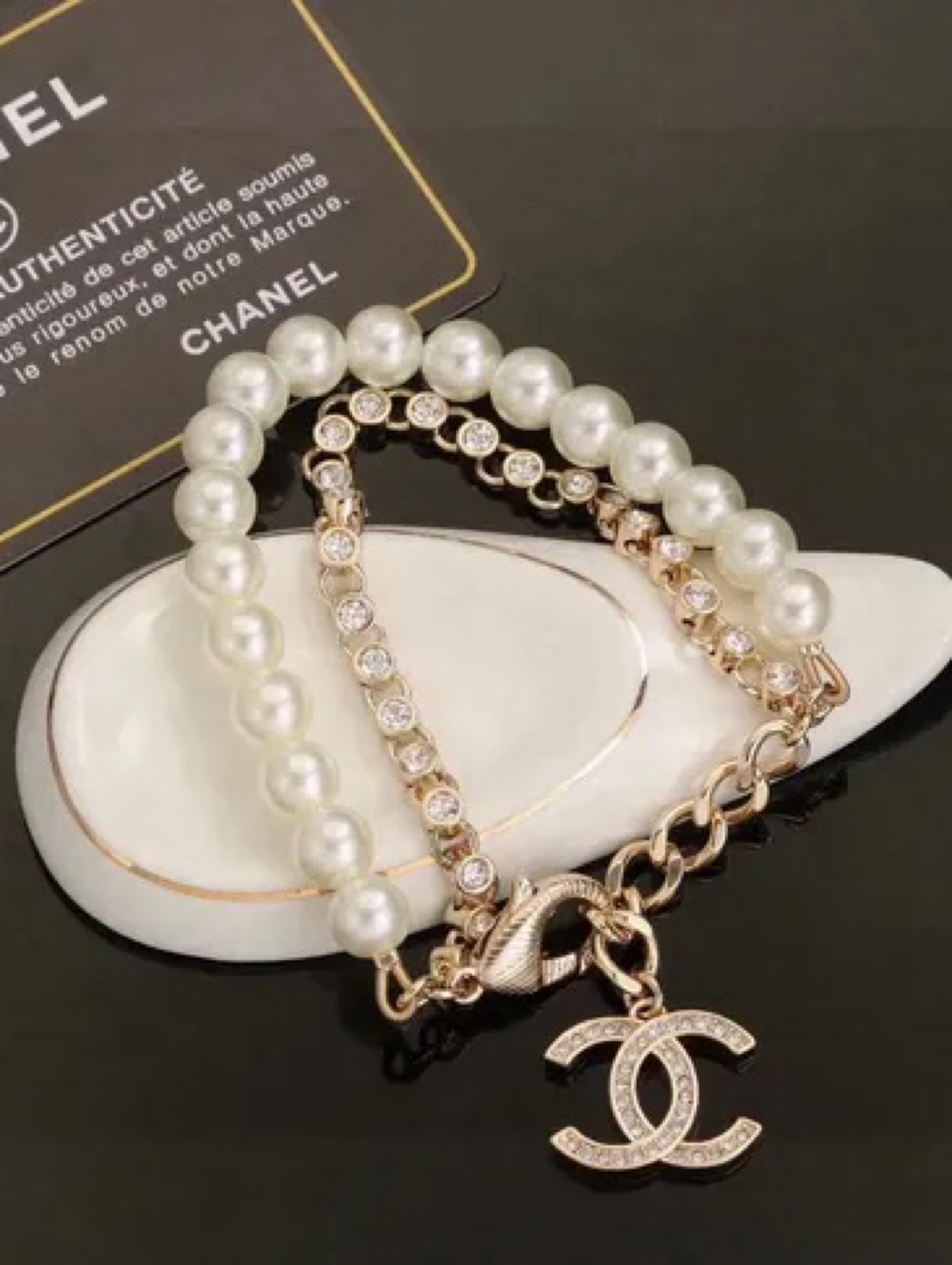 Chanel Gold Tone Double Layer Pearl and Crystal Bracelet