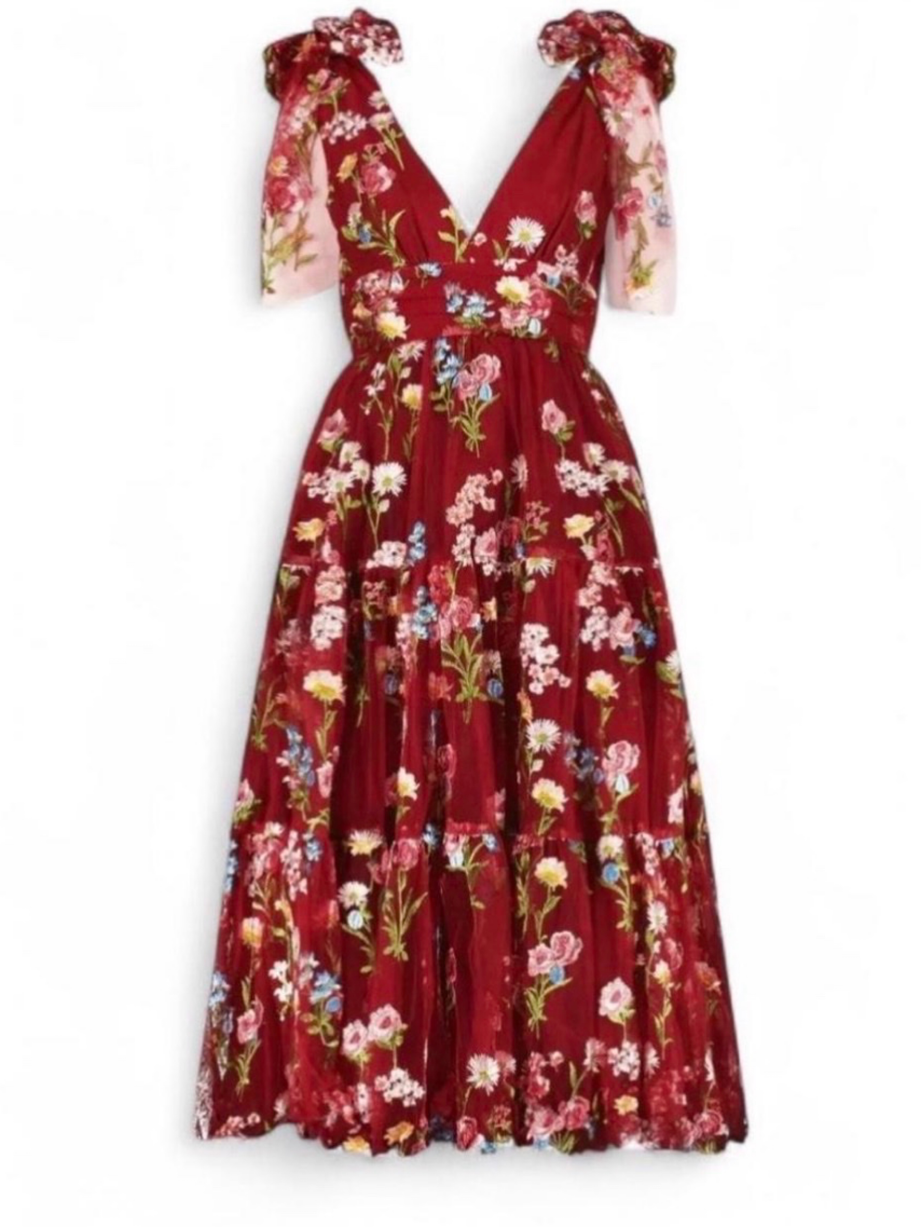 JessaKae Margaret Burgundy Floral Midi Dress with Ruffled Sleeves, Size M