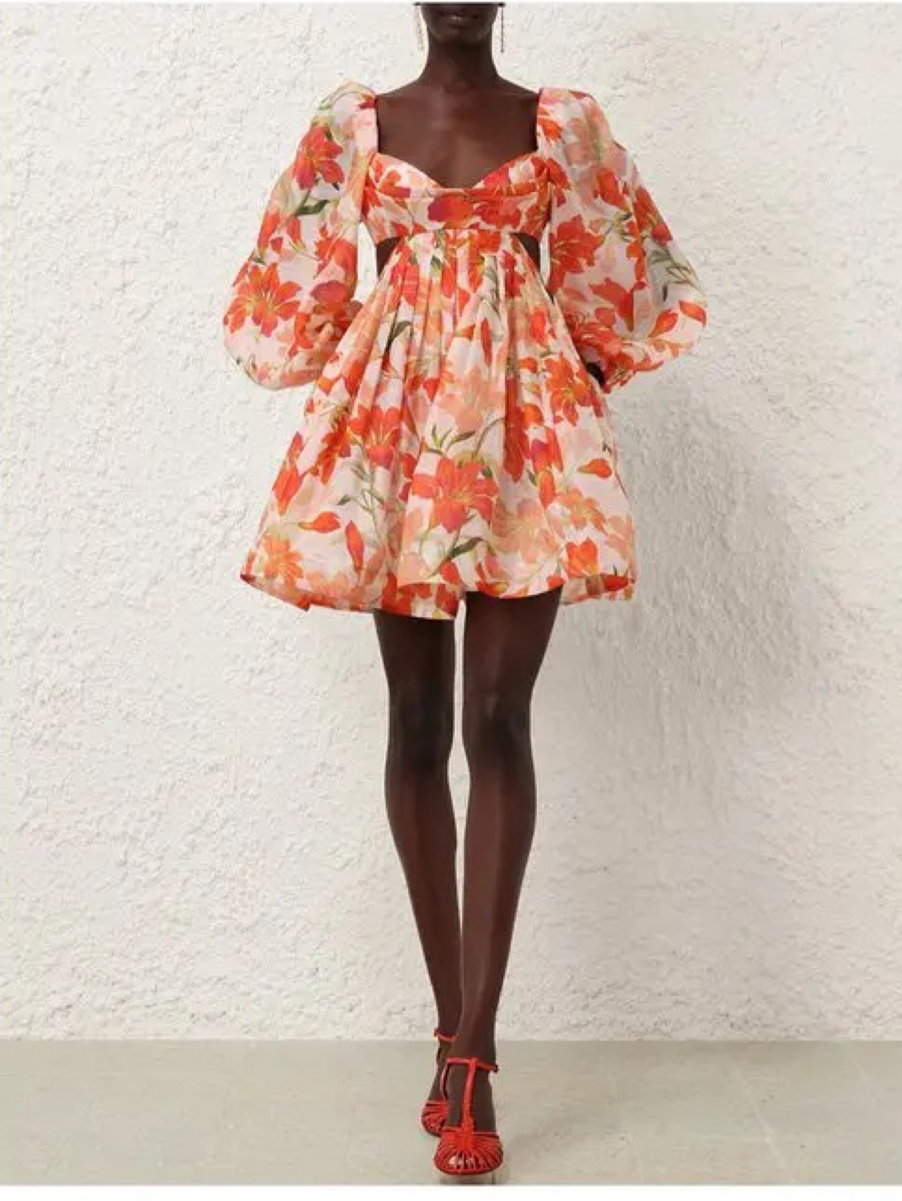Zimmermann Tranquility Floral Orange Cut Out Mini Dress with Puff Sleeves